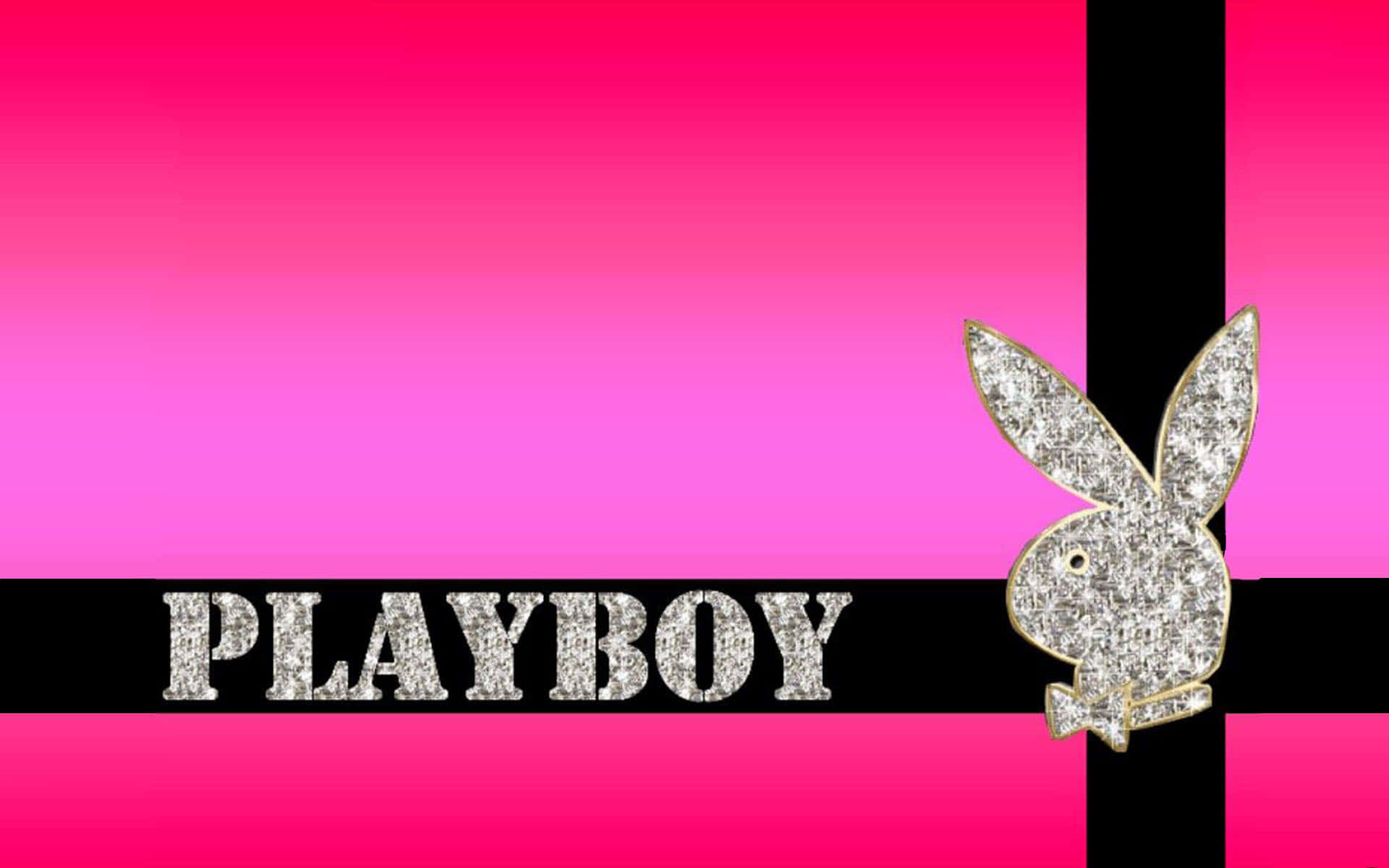 花花公子 桌布 壁紙 — 閃閃發光的Playboy兔子標誌和文字，放在由黑色條紋交叉的鮮豔粉紅色漸變背景上。