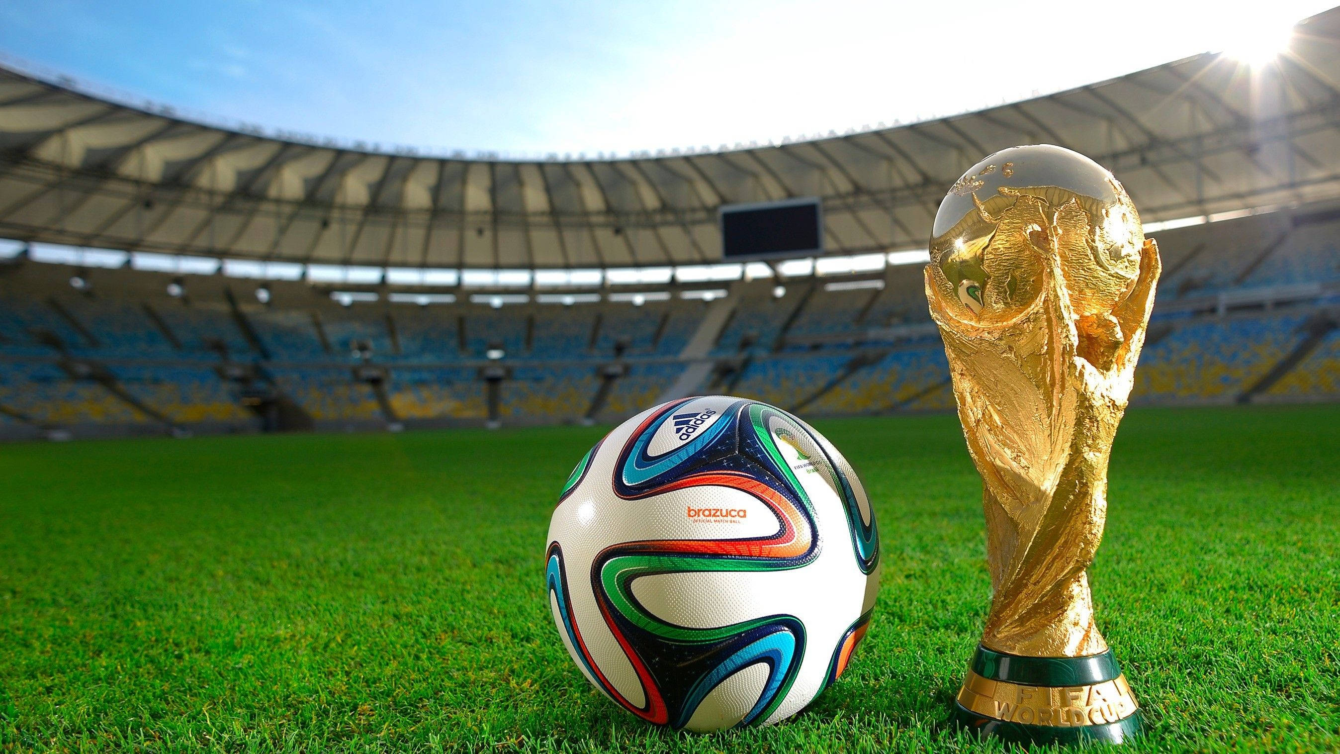 World 桌布 壁紙 — 閃閃發光的世界盃獎盃和色彩繽紛的 Brazuca 足球，在燦爛陽光下，安放在一個巨大空蕩蕩的體育館內生機勃勃的綠草地上。
