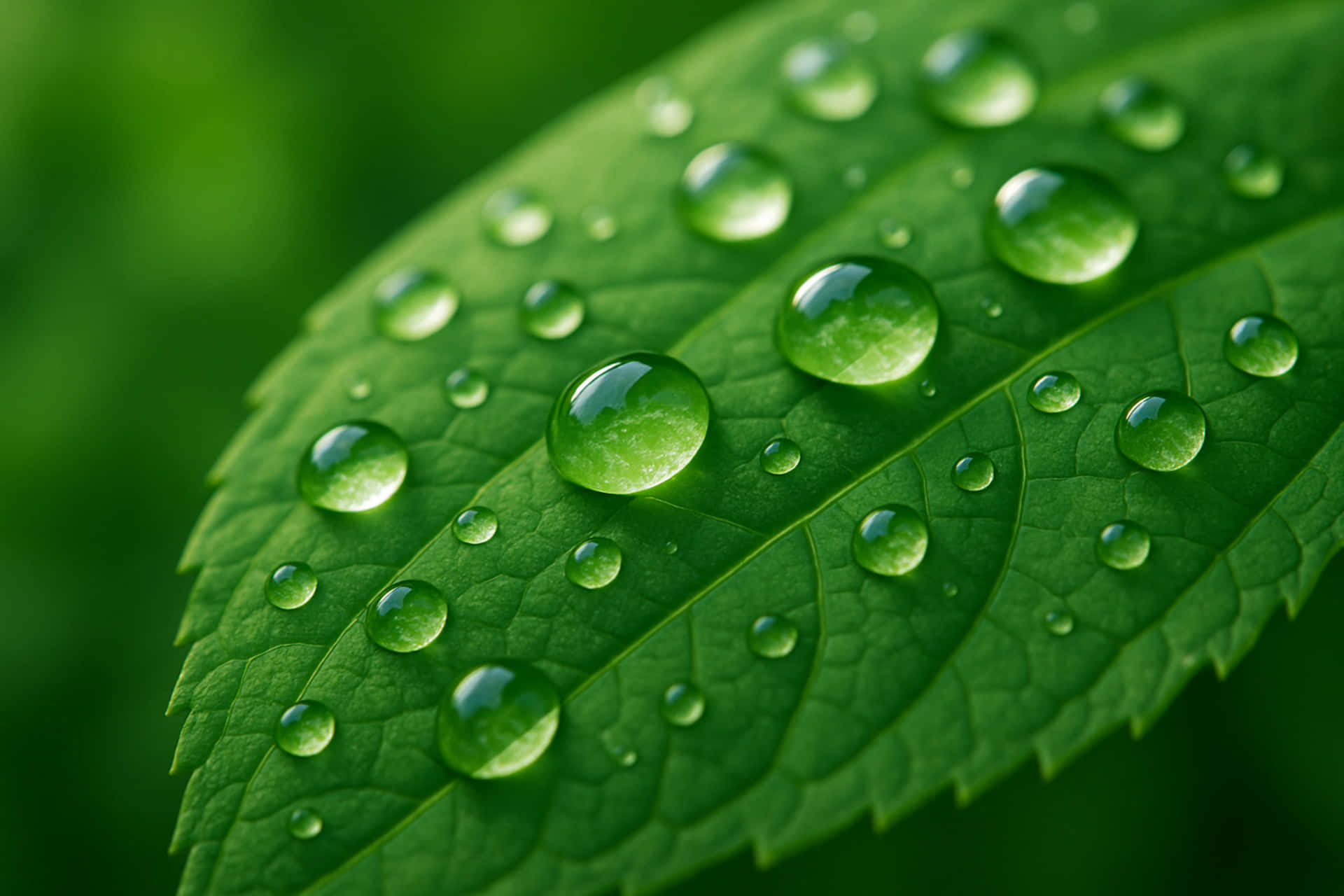 Green leaf with water drops 壁紙 — 閃閃發光的水珠停留在一片帶有鋸齒邊緣和可見葉脈的鮮綠色葉子上。