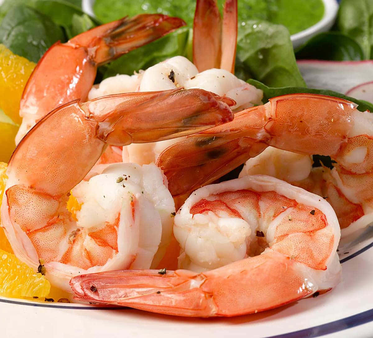 shrimp 桌布 壁紙 — 閃閃發光的熟蝦搭配柳橙片和菠菜葉，擺放在白色盤子上。
