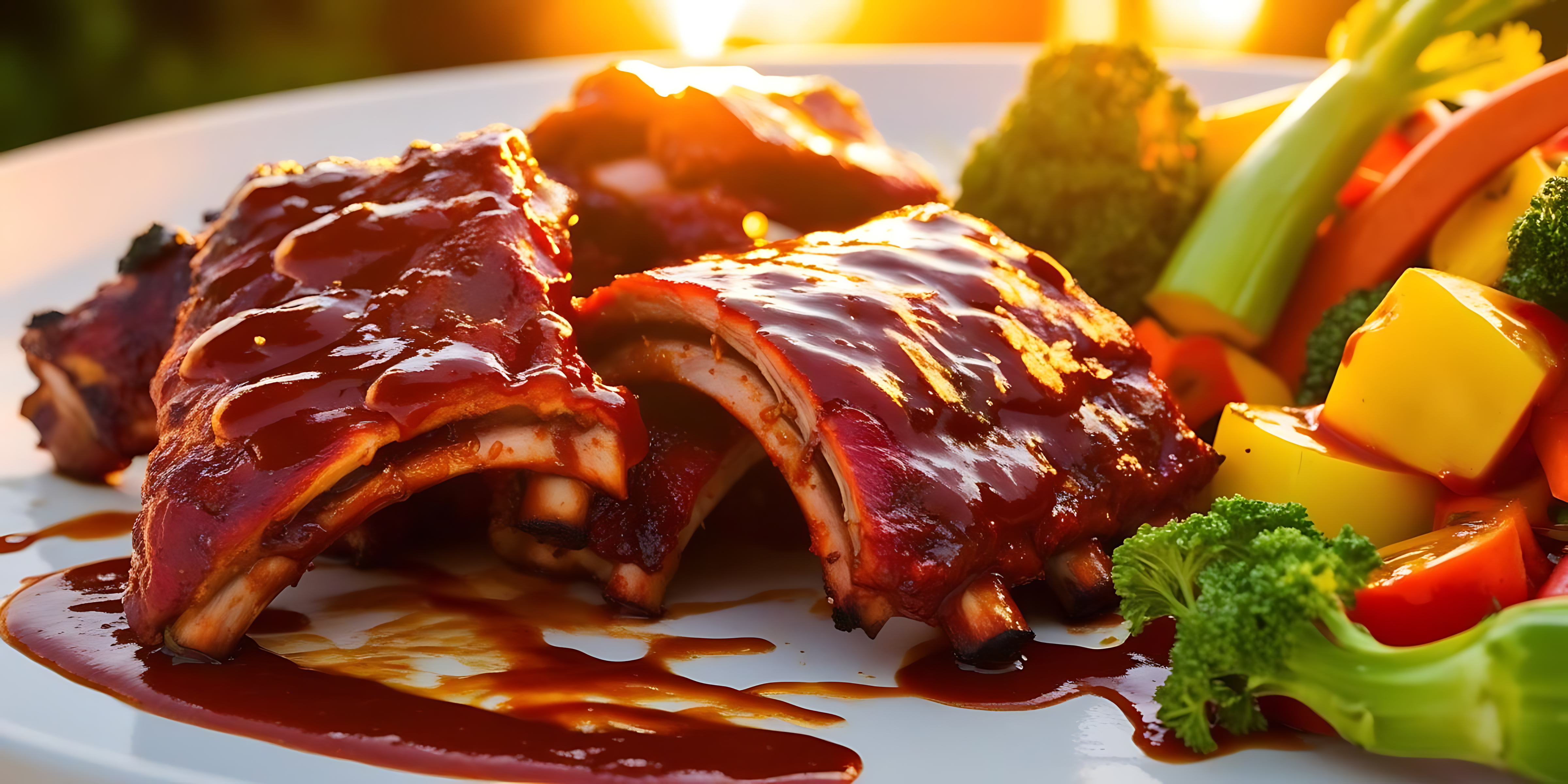肉 桌布 壁紙 — 閃閃發光的燒烤肋骨，配上濃郁醬汁，淋在白色盤子上，旁邊是色彩鮮豔的蒸蔬菜，在溫暖的金色燈光下。