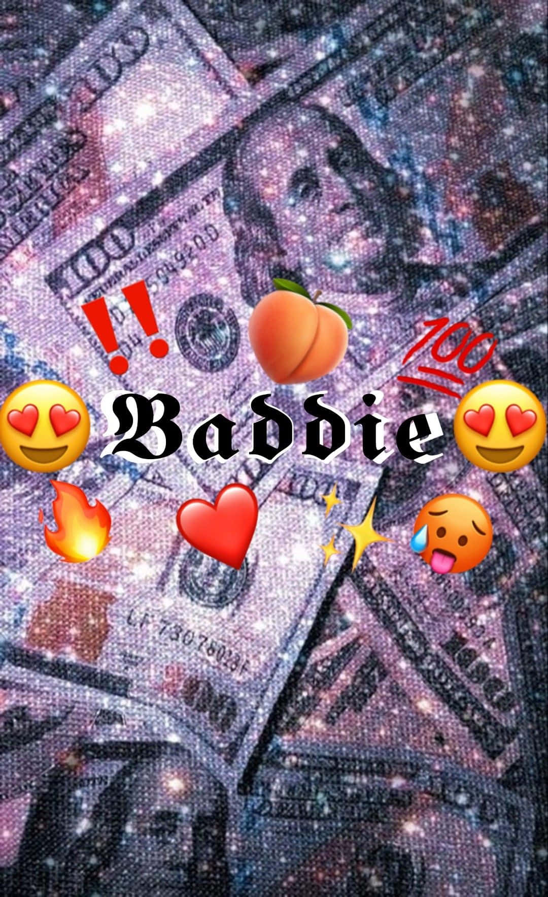 壞女孩 桌布 壁紙 — 閃閃發光的百元美鈔形成宇宙背景，帶有粗體「Baddie」文字和鮮豔的表情符號。