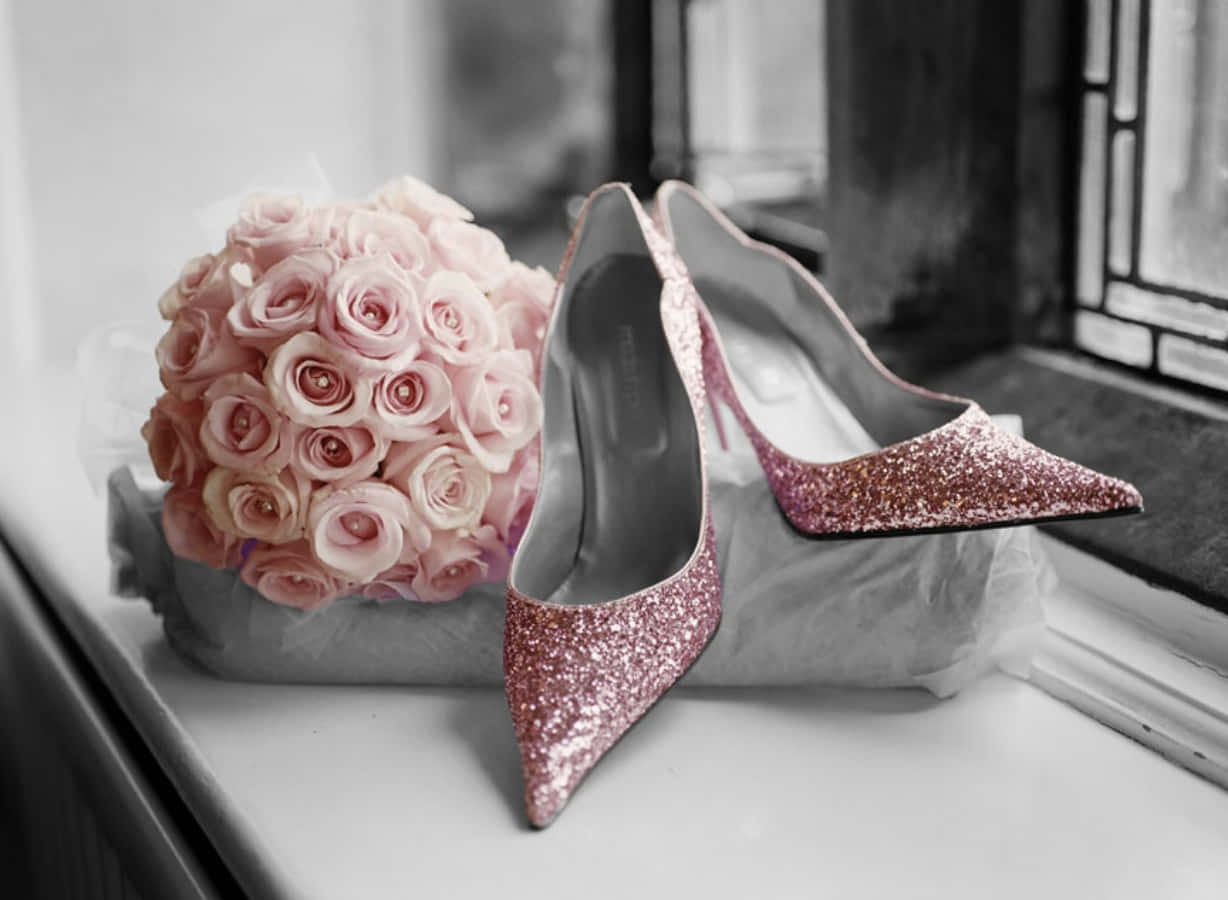 Pink Shoes 桌布 壁紙 — 閃閃發光的粉紅色亮粉婚禮高跟鞋和柔軟的粉紅色玫瑰花花束，以選擇性色彩優雅地放在窗台上。