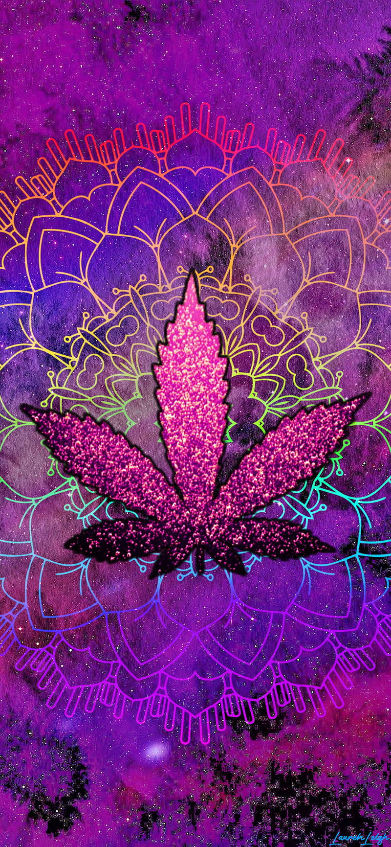 閃閃發光的粉紅色大麻葉在彩虹曼陀羅中，背景是宇宙紫色。 — 大麻 壁紙