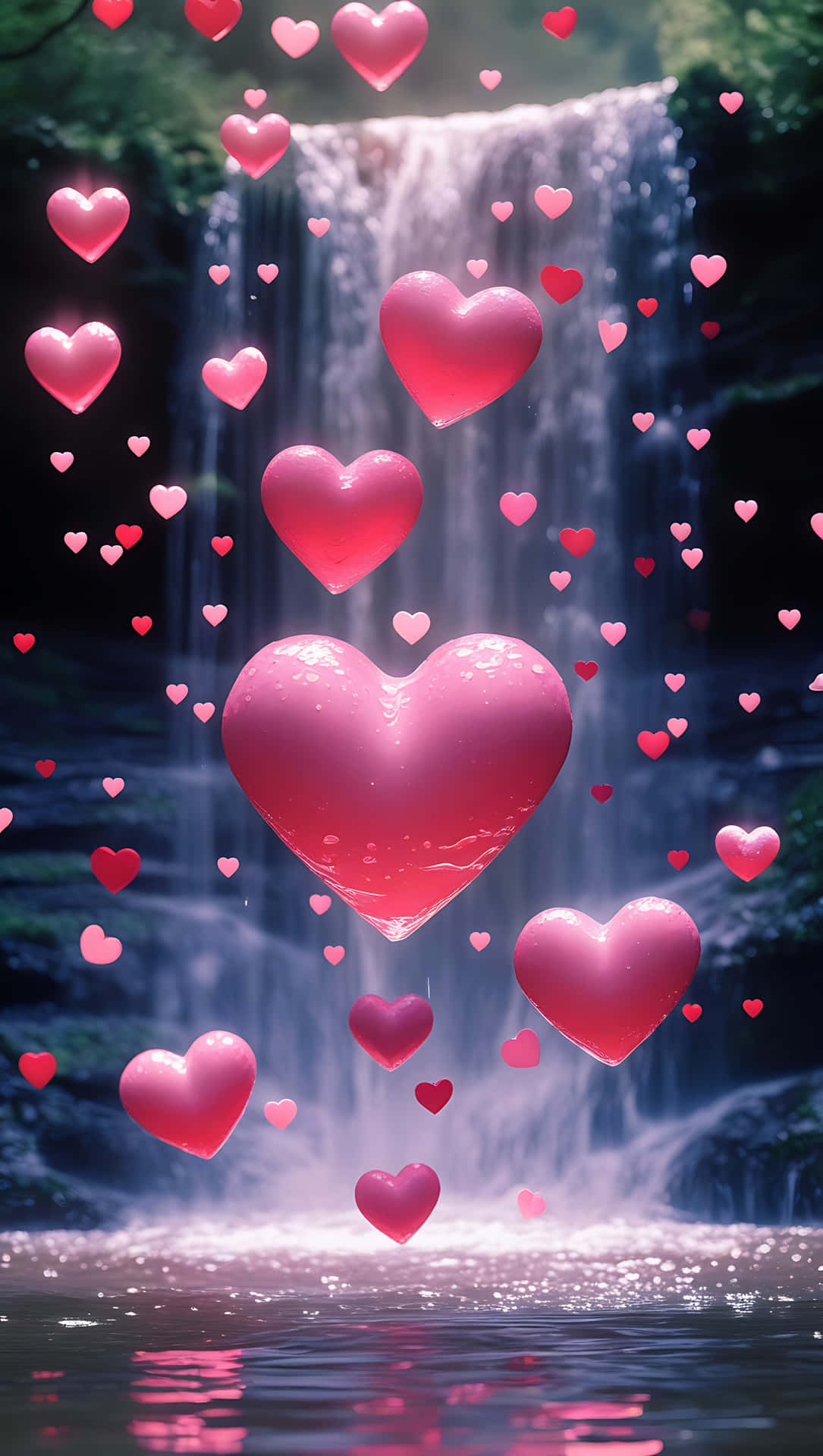 Floating Love Hearts Over Waterfall – Peaceful Romantic Wallpaper 壁紙 — 閃閃發光的粉紅色心形在瀑布前漂浮和漂流，瀑布倒映在下方平靜的水池中。