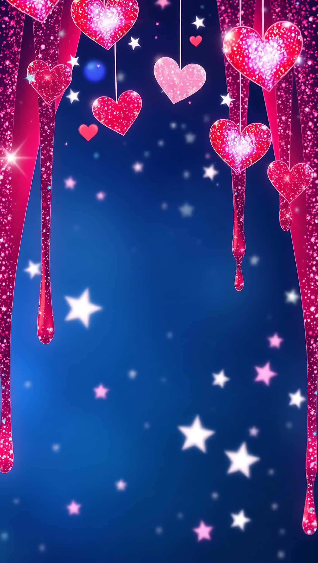 Glitter Drip Hearts – USA Edition 54-1 壁紙 — 閃閃發光的粉紅色心形從閃亮的絲帶上垂下來，背景是繁星點點的藍色夜空。