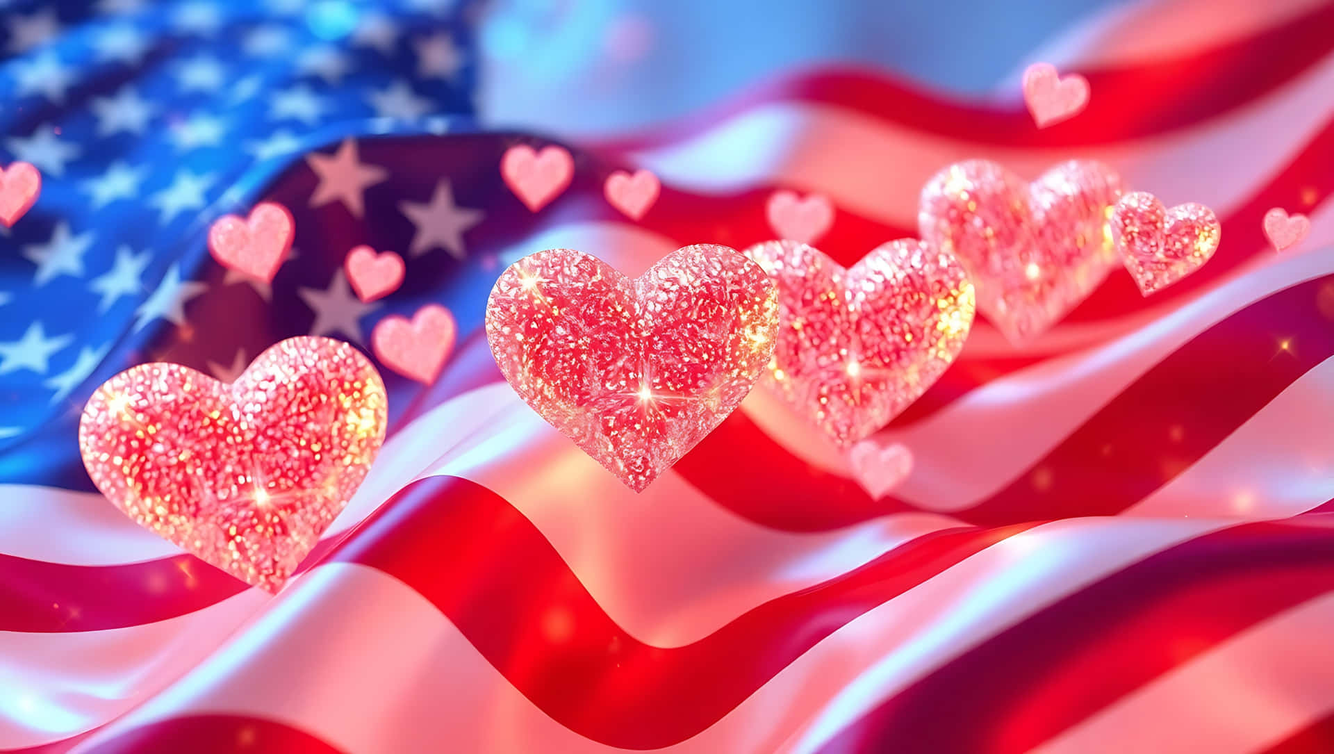 Liberty Glow – Sparkle Hearts Over Flag Waves 43-1 壁紙 — 閃閃發光的粉紅色心形飄揚在飄揚的美國國旗上，國旗上有鮮豔的紅、白、藍星星和條紋。