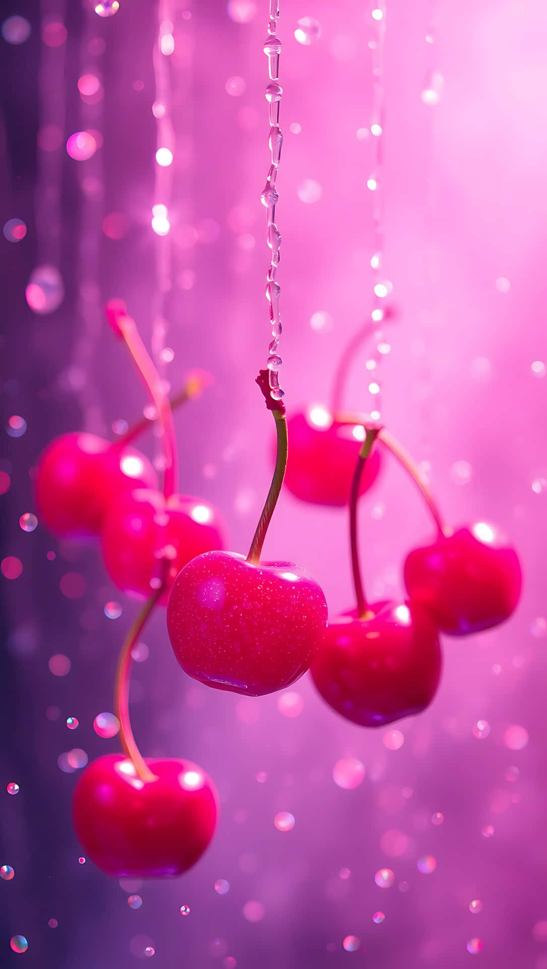 Sparkle Rain Cherries – Floating Beauty 53-2 壁紙 — 閃閃發光的粉紅色櫻桃懸掛在夢幻般的紫色薄霧中，周圍有閃爍的水滴傾瀉而下。