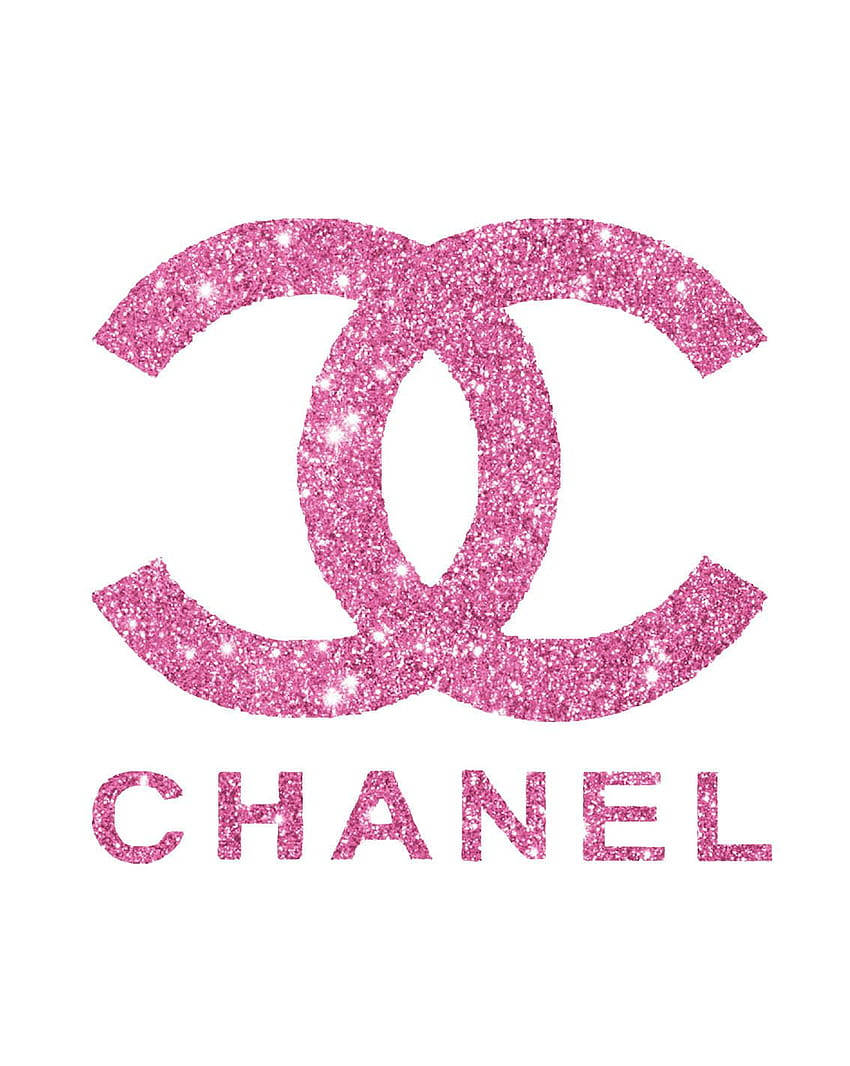 Pink Chanel Logo 桌布 壁紙 — 閃閃發光的粉紅色閃粉 Chanel 標誌，帶有交織的 CC 和品牌名稱，位於乾淨的白色背景上。