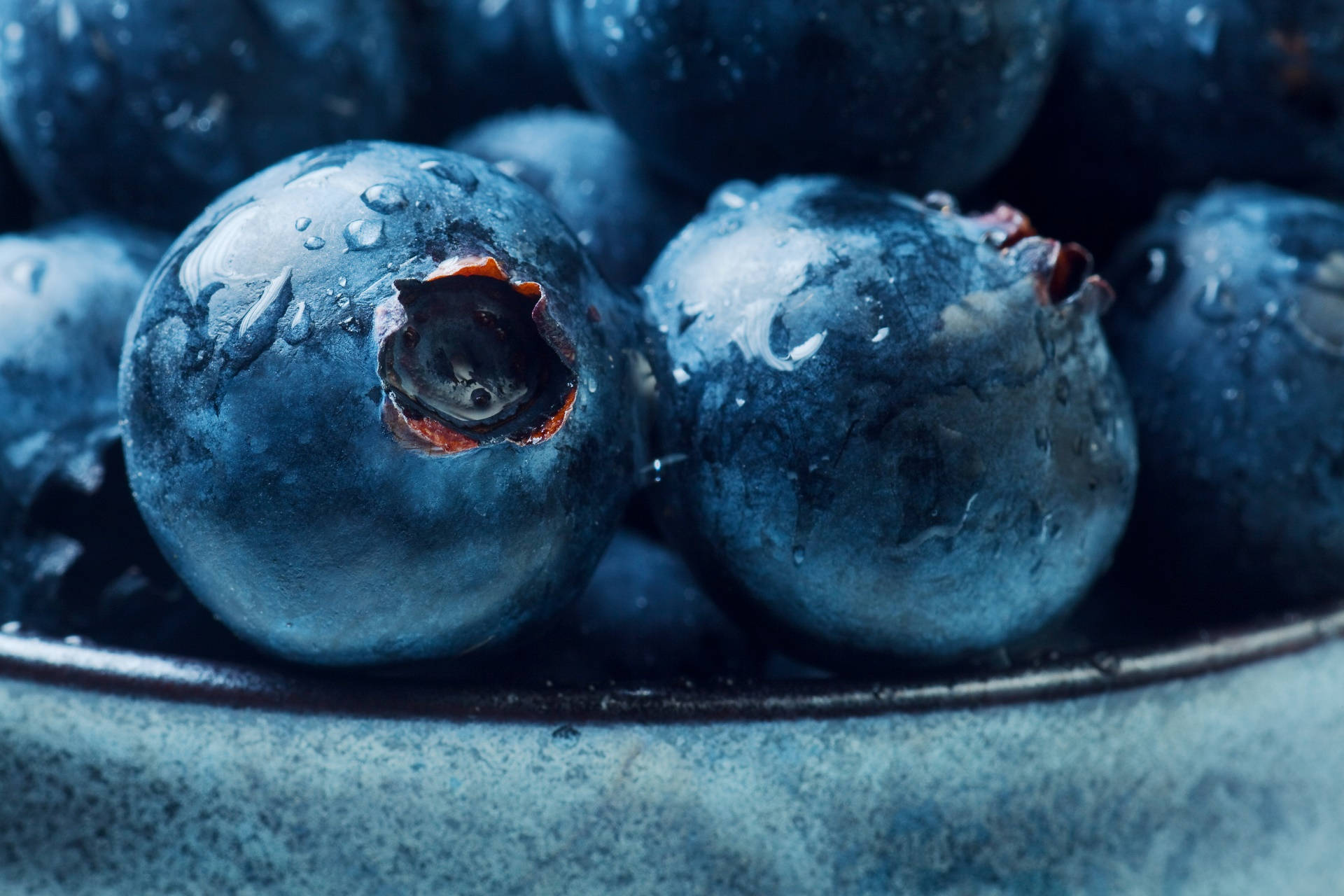 Blueberry 桌布 壁紙 — 閃閃發光的藍莓帶著露珠，在冷藍色燈光下放在一個質樸的碗裡。