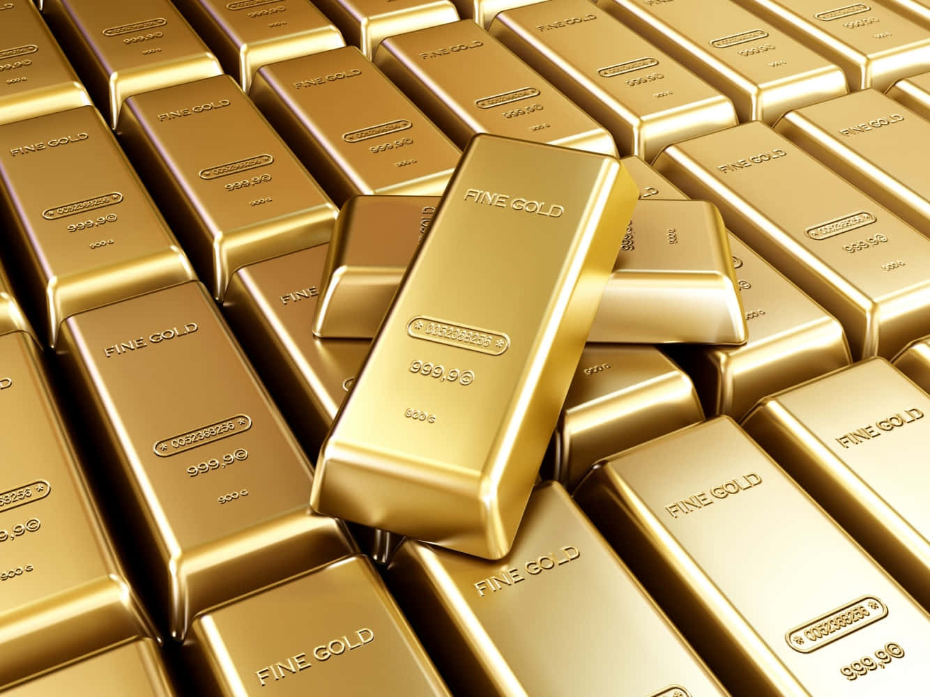 金色動態 桌布 壁紙 — 閃閃發光的金條，標示為純度999.9的純金，緊密堆疊成閃亮的一堆。