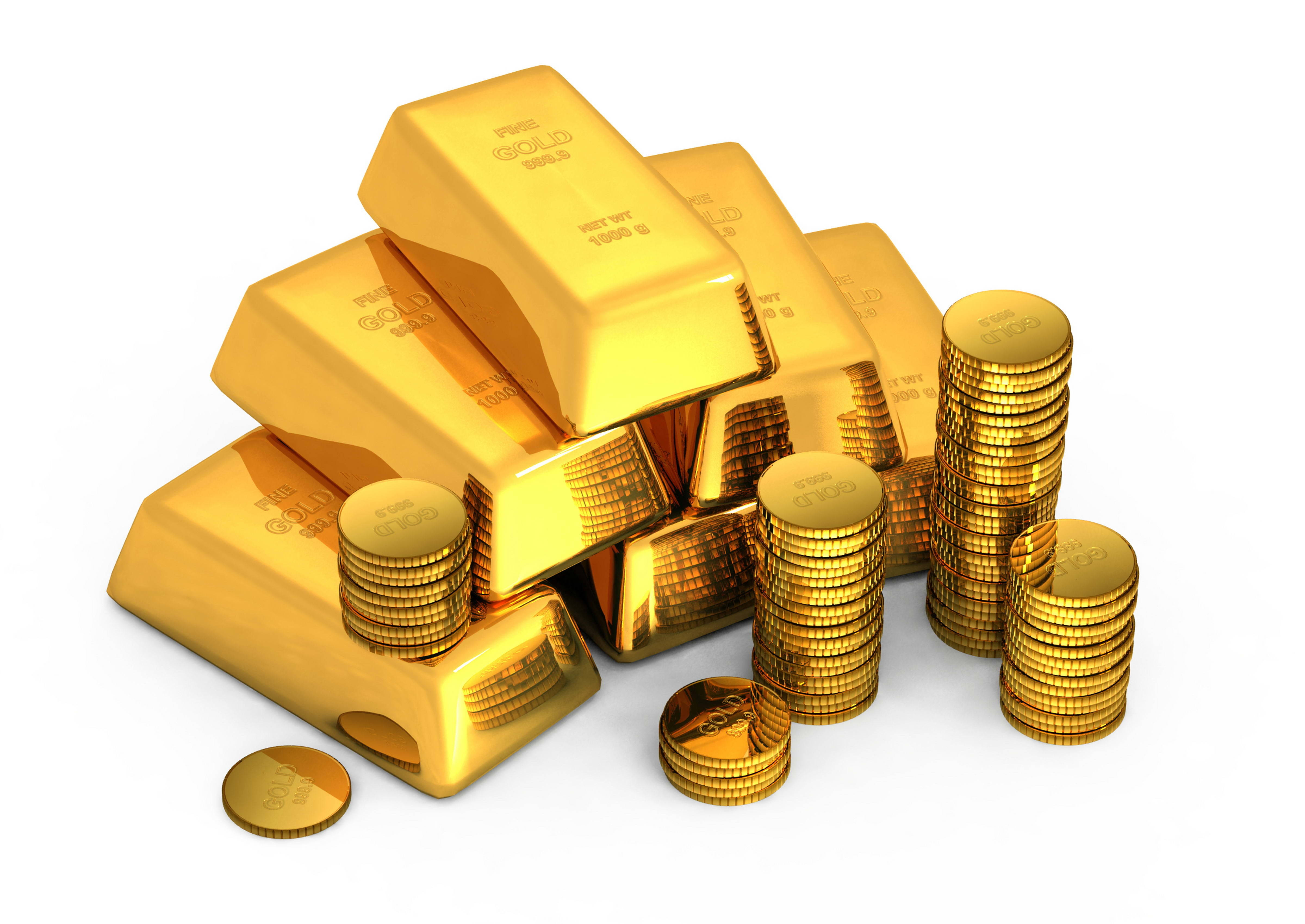 Golden 桌布 壁紙 — 閃閃發光的金條和金幣堆疊在潔白的背景上，形成閃爍的金堆。
