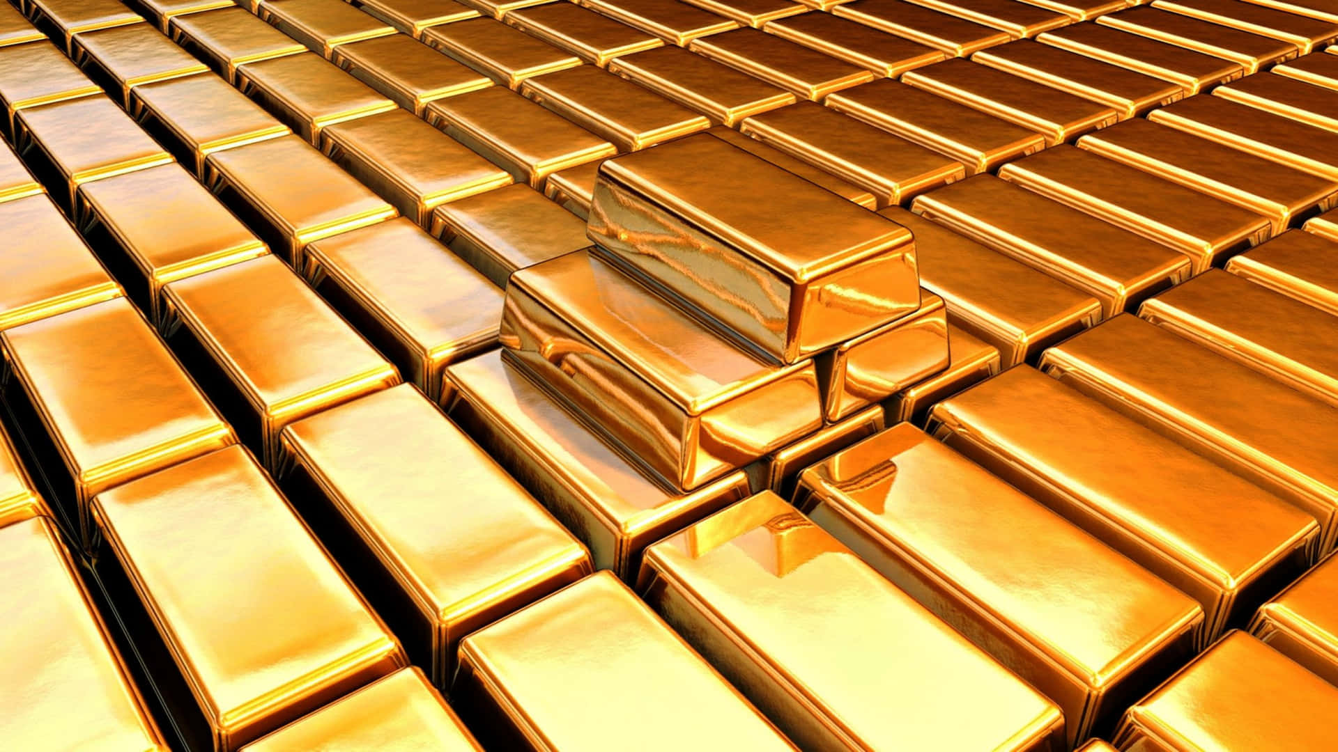 Shiny Gold 桌布 壁紙 — 閃閃發光的金條整齊排列，其中一堆稍微抬高。