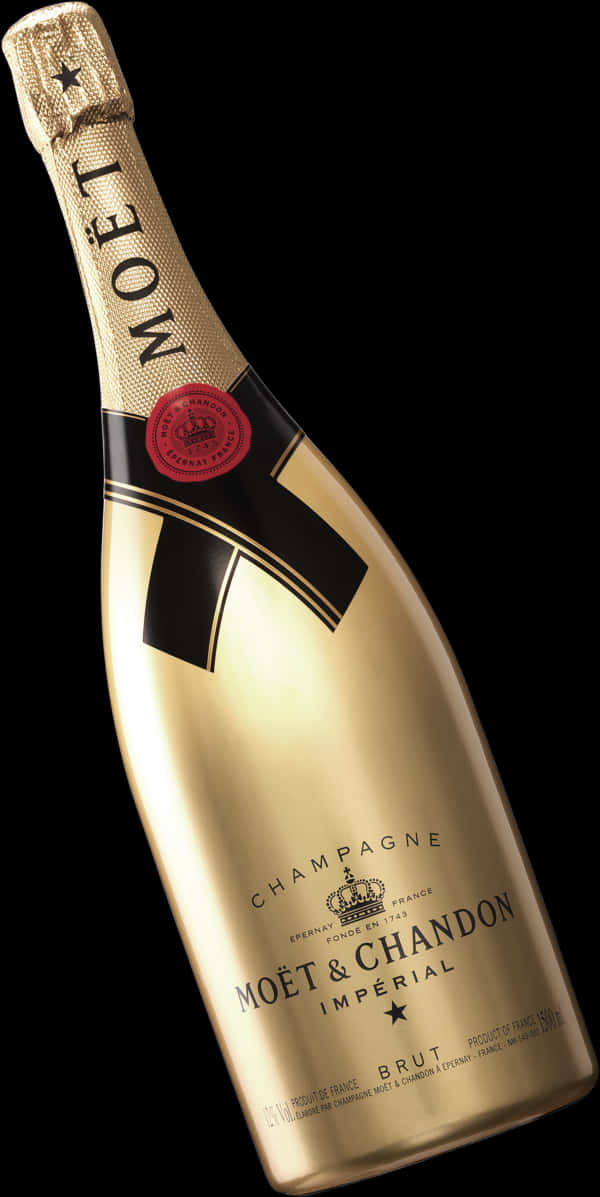 Champagne 桌布 壁紙 — 閃閃發光的金色Moet & Chandon Imperial香檳瓶優雅地矗立在純黑背景前。