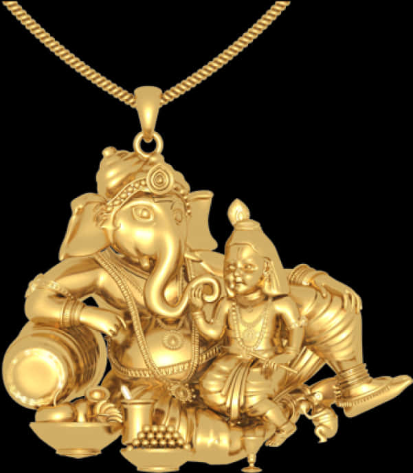 Hindu God 桌布 壁紙 — 閃閃發光的金色吊墜，上面有象神和一個小孩一起坐在黑色背景前。
