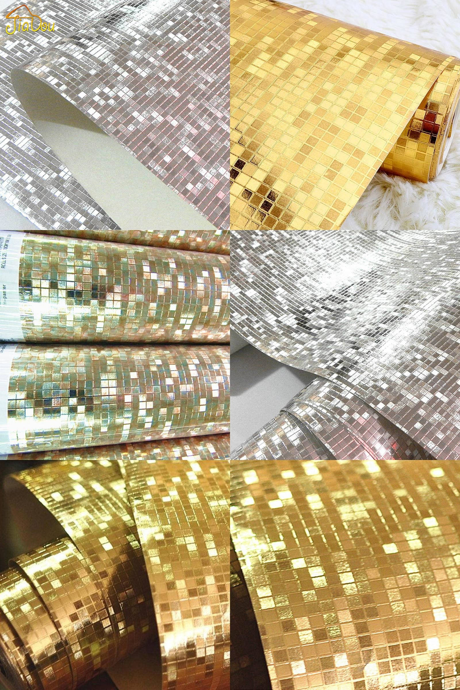Foil 桌布 壁紙 — 閃閃發光的金色和銀色閃粉壁紙卷，帶有反射性方形瓷磚，以網格圖案排列。