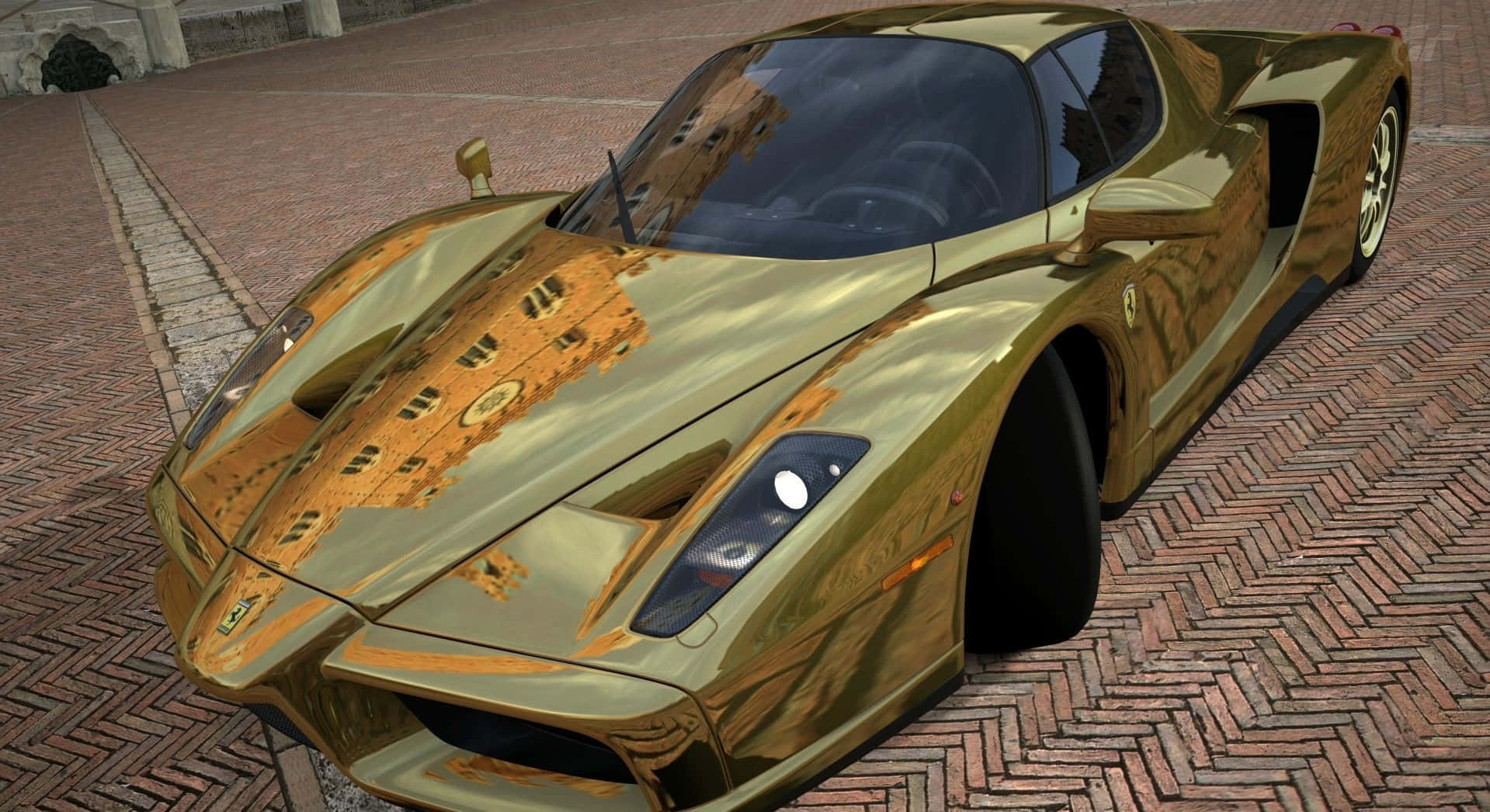 Ferrari Enzo 桌布 壁紙 — 閃閃發光的金色法拉利Enzo在人字形磚砌車道上反射周圍的建築物。