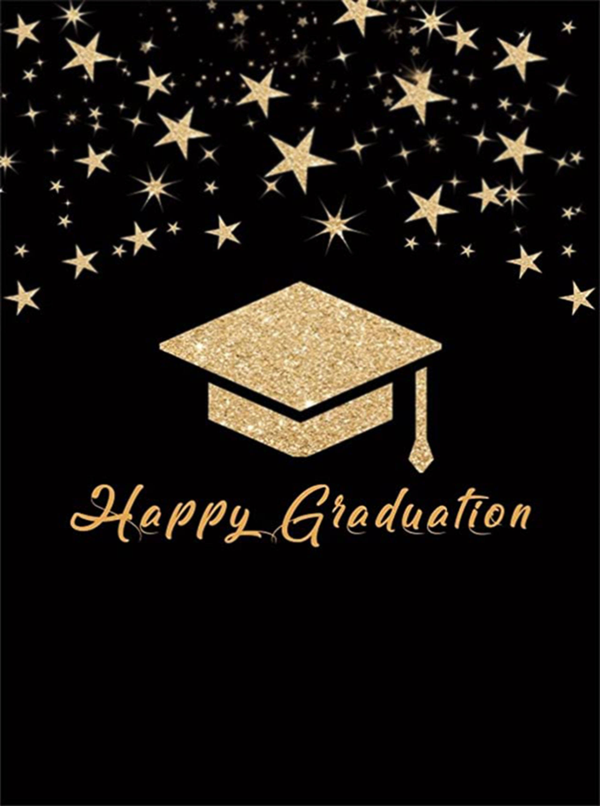 Graduation 桌布 壁紙 — 閃閃發光的金色畢業帽和星星在黑色背景上漂浮，下方寫有「Happy Graduation」。