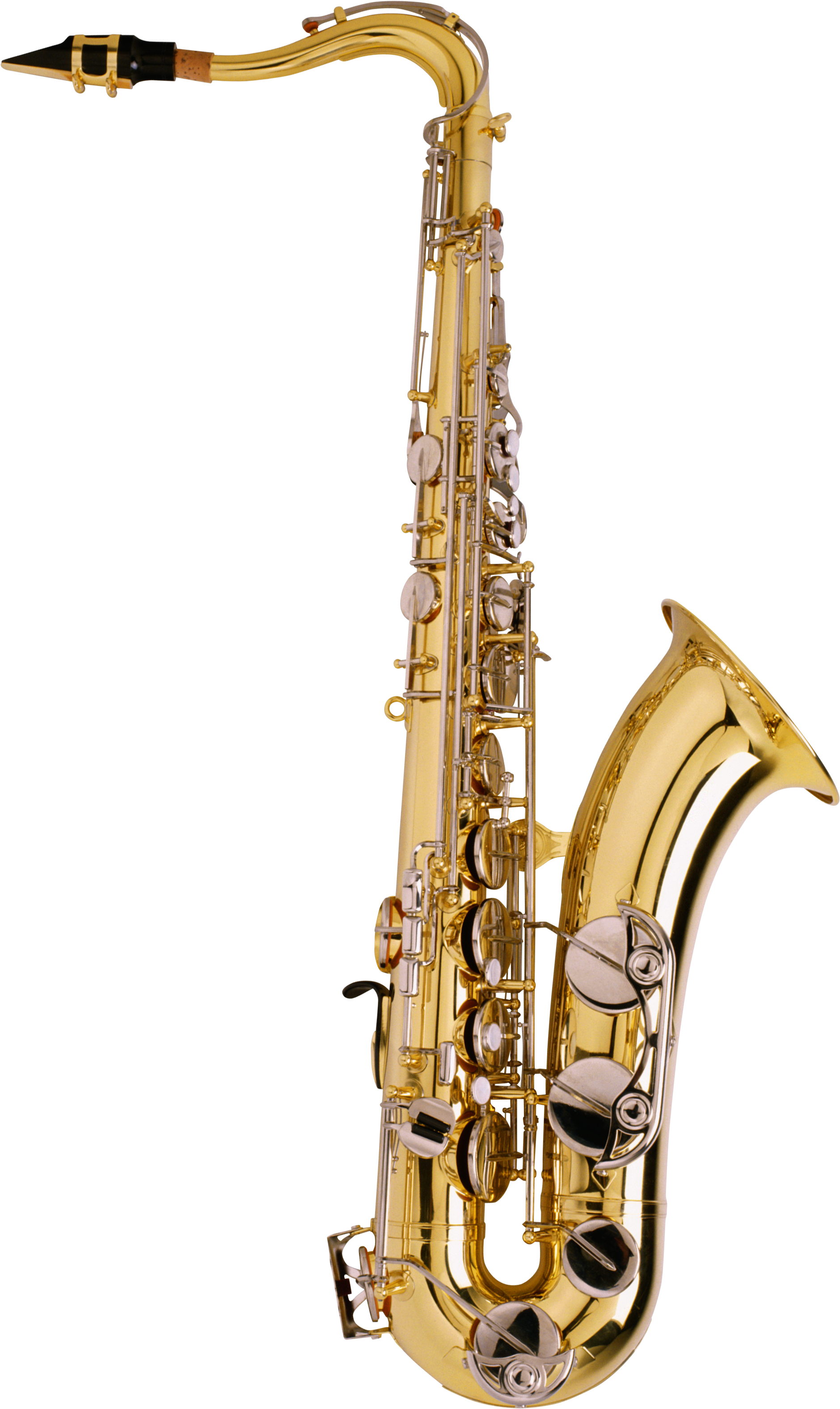 Music Instruments 桌布 壁紙 — 閃閃發光的金色薩克斯風垂直立在黑色背景上，其複雜的按鍵和曲線捕捉光線。