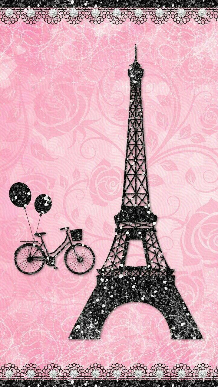 Eiffel Tower 桌布 壁紙 — 閃閃發光的黑色艾菲爾鐵塔和帶氣球的腳踏車，立於帶有蕾絲邊的粉紅玫瑰圖案壁紙前。