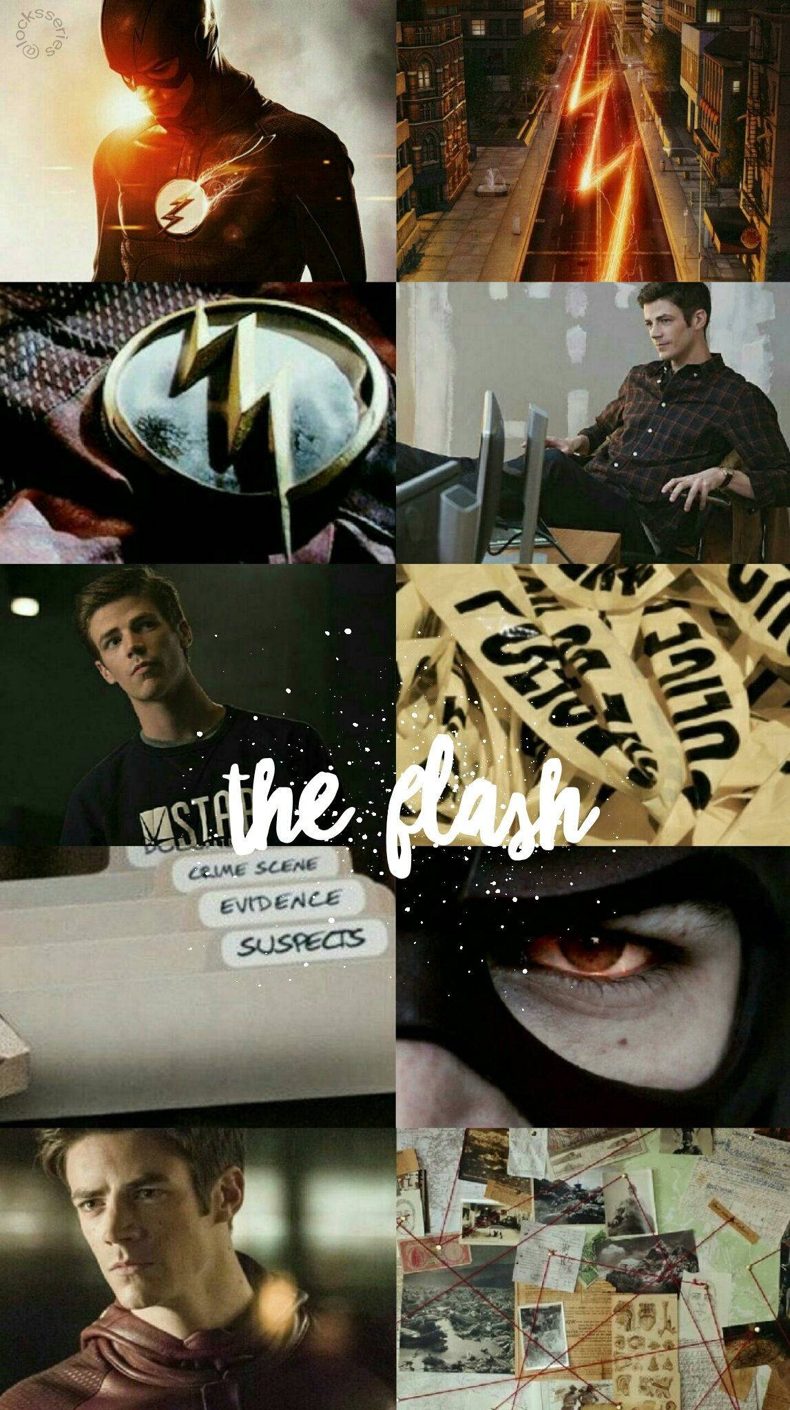 Grant Gustin 桌布 壁紙 — 《閃電俠》電視劇集的動態拼貼，包含英雄鏡頭、犯罪現場膠帶和蒙面反派眼睛的特寫。