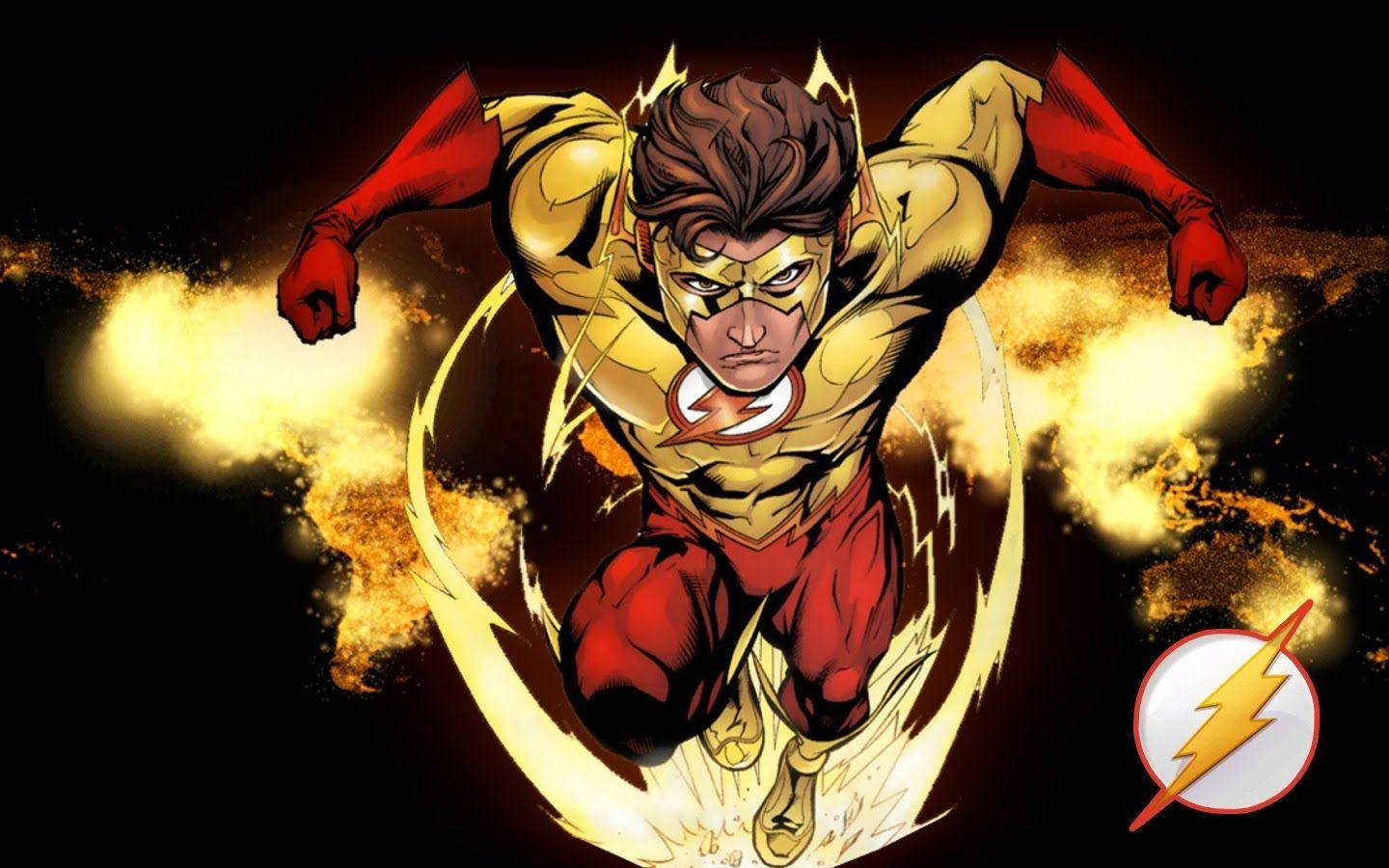 Flash 桌布 壁紙 — 閃電俠以他標誌性的紅色和金色戰衣向前衝刺，周圍是爆炸性的黃色能量軌跡，背景為黑暗。