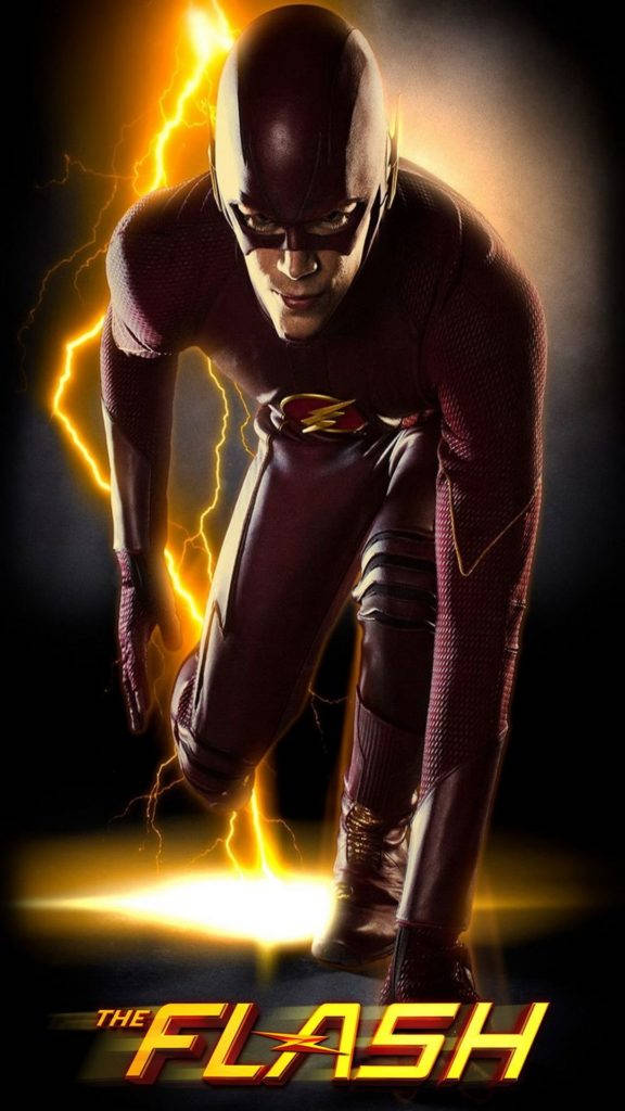 the flash iPhone 桌布 壁紙 — 閃電俠以動態姿勢蹲下，周圍有發光的黃色閃電在黑暗背景中劈啪作響。
