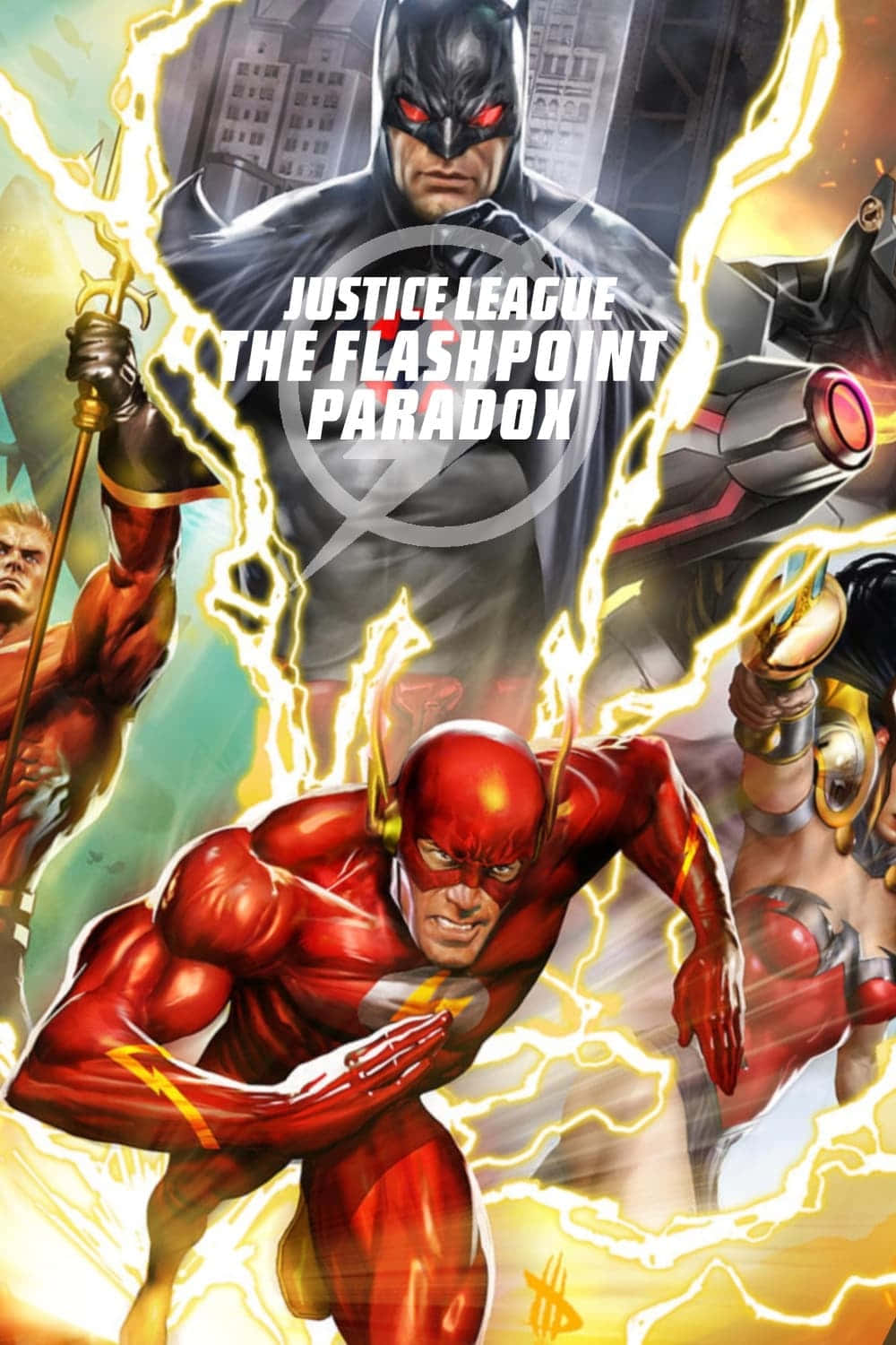 Justice League The Flashpoint Paradox 桌布 壁紙 — 閃電俠在一陣黃色閃電中向前衝刺，蝙蝠俠在他身後隱約出現，周圍有其他英雄，構成一個動態的漫畫動作場景。