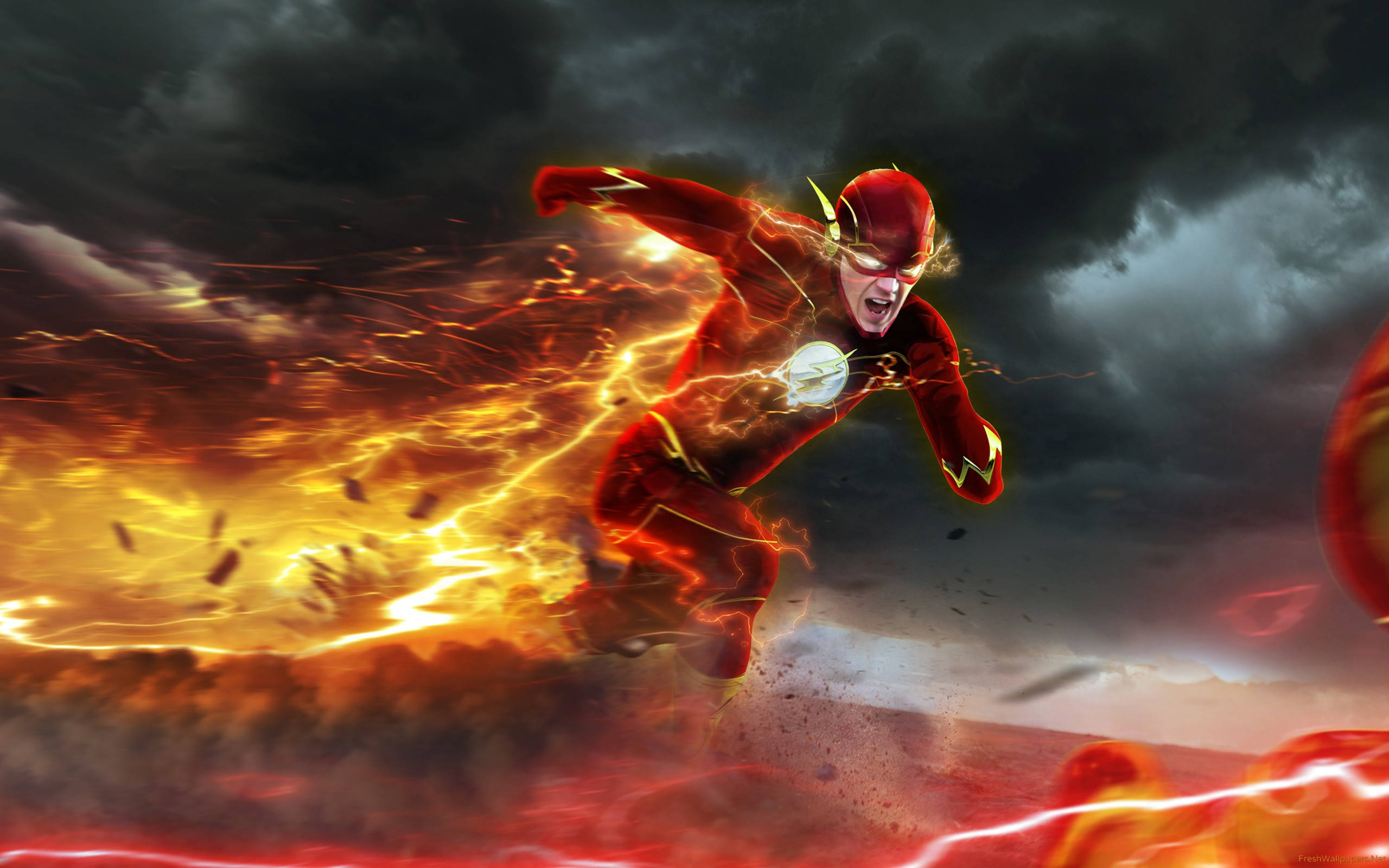 Justice League 桌布 壁紙 — 閃電俠在暴風雨的天空中疾馳，留下熾熱的閃電痕跡和碎片。
