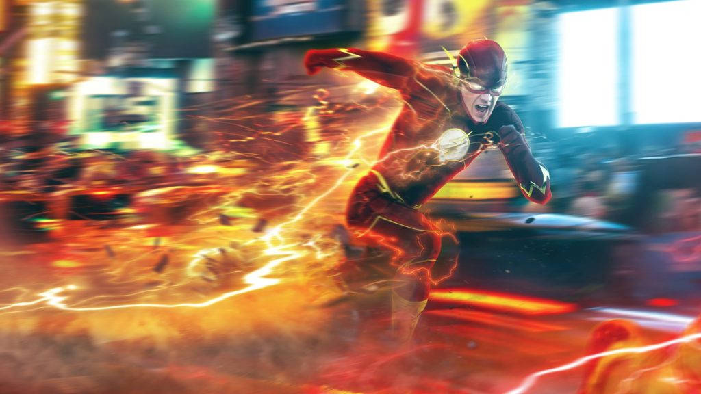 the flash 4K 桌布 壁紙 — 閃電俠在霓虹燈照亮的城市街道上飛馳，身後留下電光橙色的閃電痕跡。