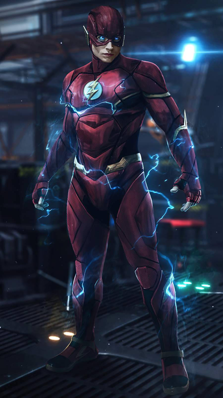 The Flash Movie 桌布 壁紙 — 閃電俠在黑暗的工業環境中蓄勢待發，藍色閃電在他紅色戰衣周圍劈啪作響。