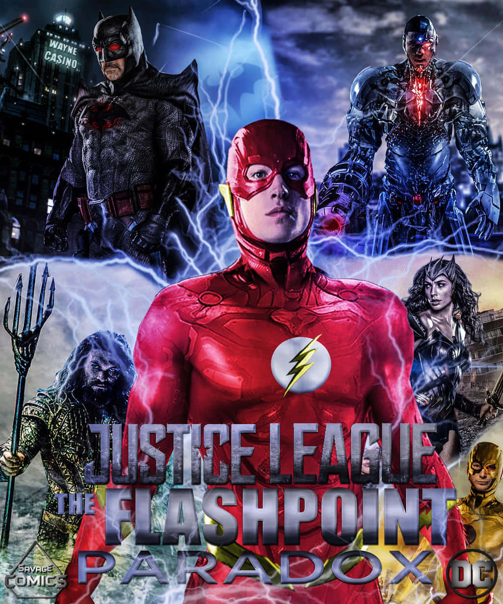 Justice League The Flashpoint Paradox 桌布 壁紙 — 閃電俠站在中央，周圍閃電劈啪作響，蝙蝠俠、鋼骨、神力女超人、水行俠和閃電俠在他兩側，構成戲劇性的漫畫海報。