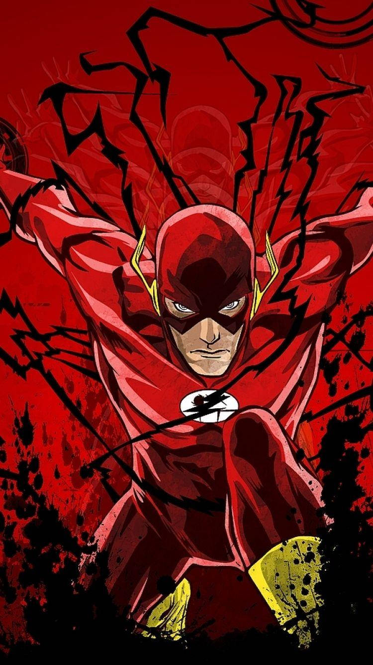 the flash iPhone 桌布 壁紙 — 閃電俠身穿帶有黃色閃電的動感紅色戰衣，在帶有黑色劈啪作響能量線的鮮紅色背景上向前衝刺。