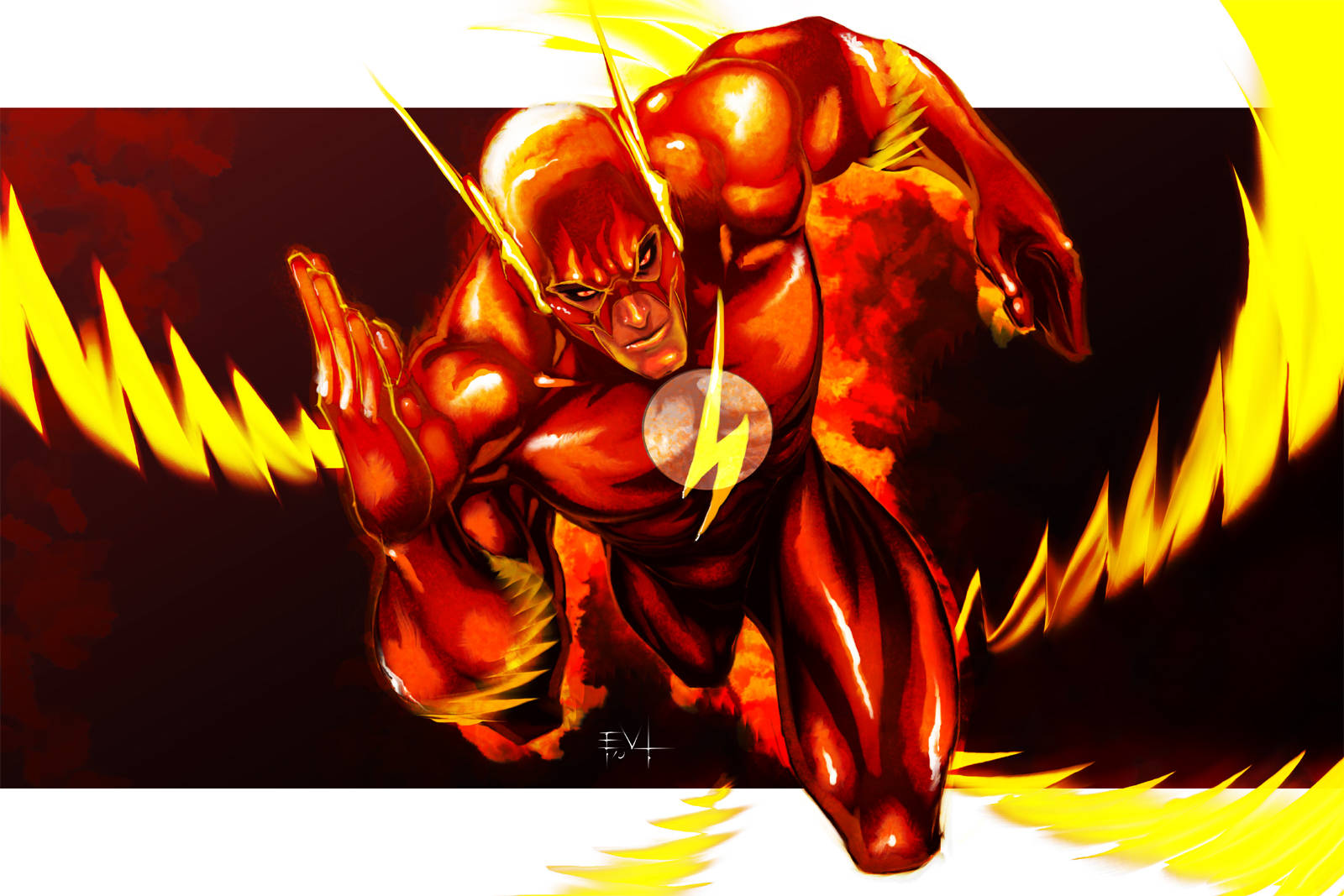 the flash 4K 桌布 壁紙 — 閃電俠身穿紅色戰衣，帶著黃色閃電，在黑暗背景中向前衝刺，背景有火焰紋理。