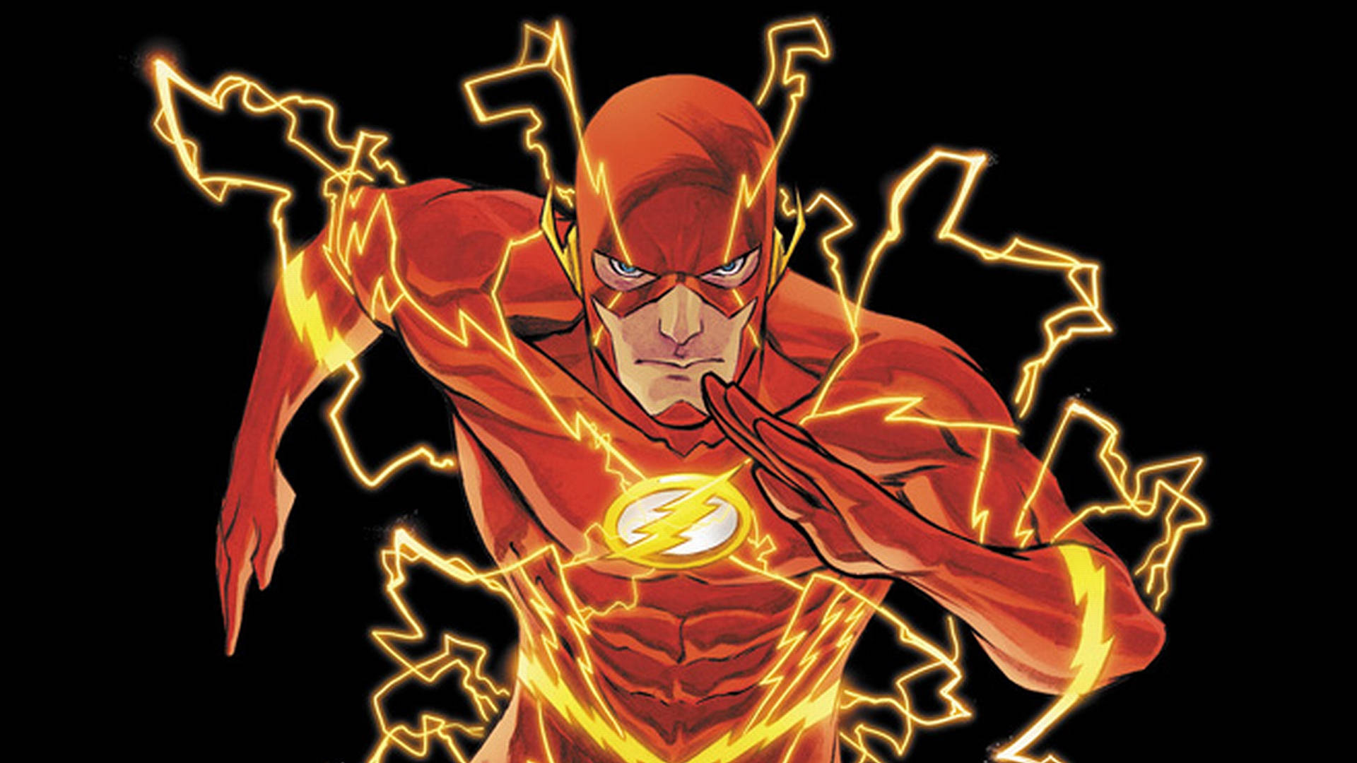 the flash 4K 桌布 壁紙 — 閃電俠身穿紅色戰衣，帶著黃色閃電，在黑色背景上向前衝刺。