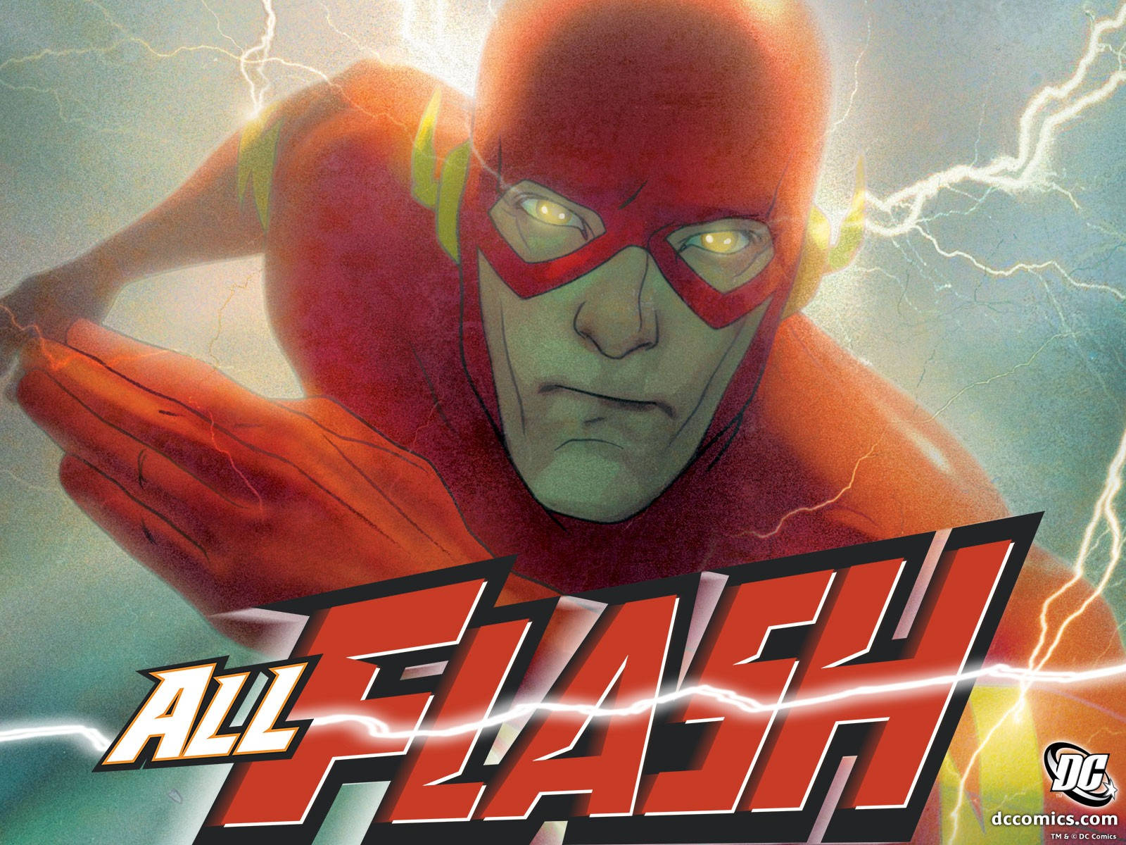 the flash 4K 桌布 壁紙 — 閃電俠身穿紅色戰衣，雙眼發光，閃電在他周圍劃過，呈現動感漫畫風格。