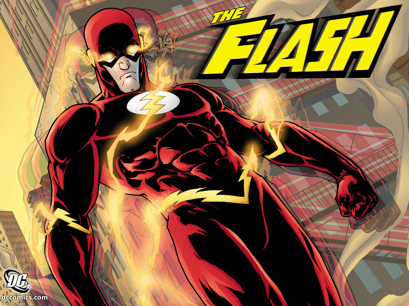 the flash 4K 桌布 壁紙 — 閃電俠身穿紅黃戰衣，伴隨閃電效果和強勁漫畫風格，疾馳於城市天際線中。