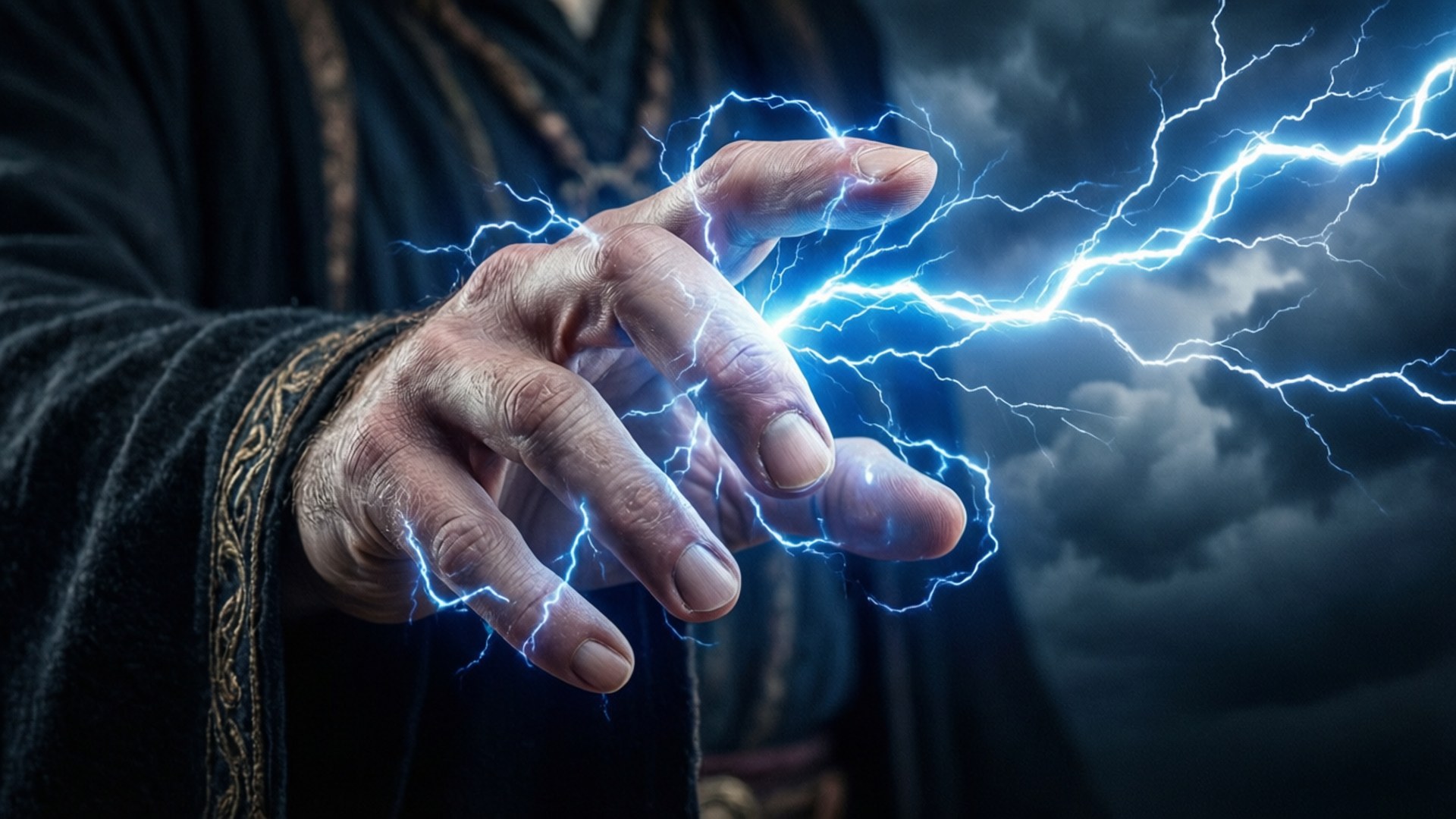 閃電法術 壁紙 — 一隻飽經風霜的手在戲劇性的雲層背景下，向暴風雨的天空釋放出劈啪作響的藍色閃電。