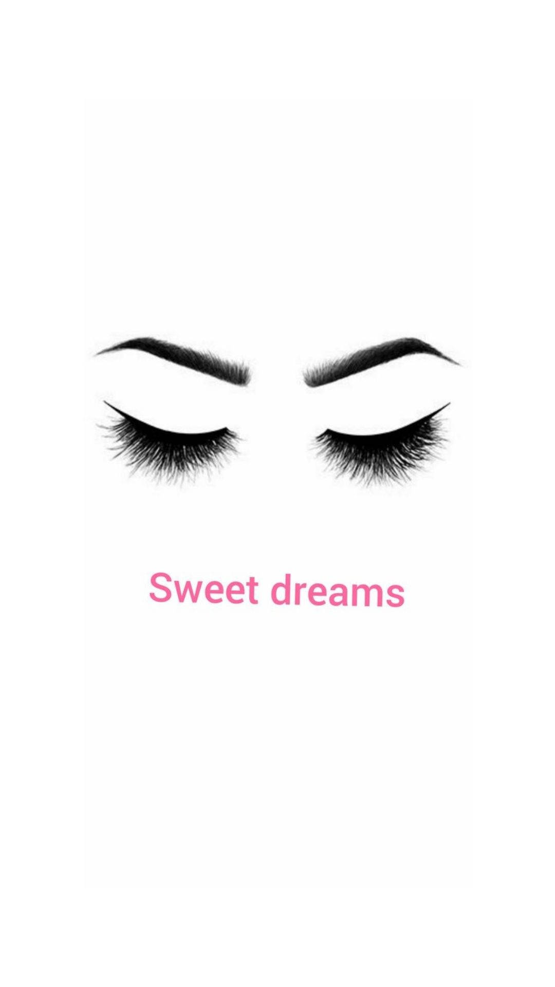 dreams 桌布 壁紙 — 閉上的睫毛，濃密睫毛和拱形眉毛，白色背景，粉紅色sweet dreams文字。