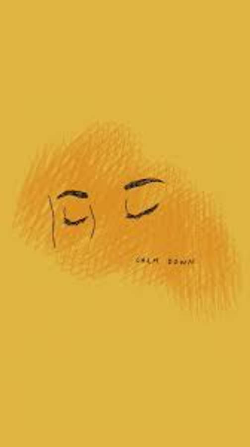 Face 桌布 壁紙 — 閉上眼睛的極簡草圖，搭配純芥末黃背景上的文字 calm down。