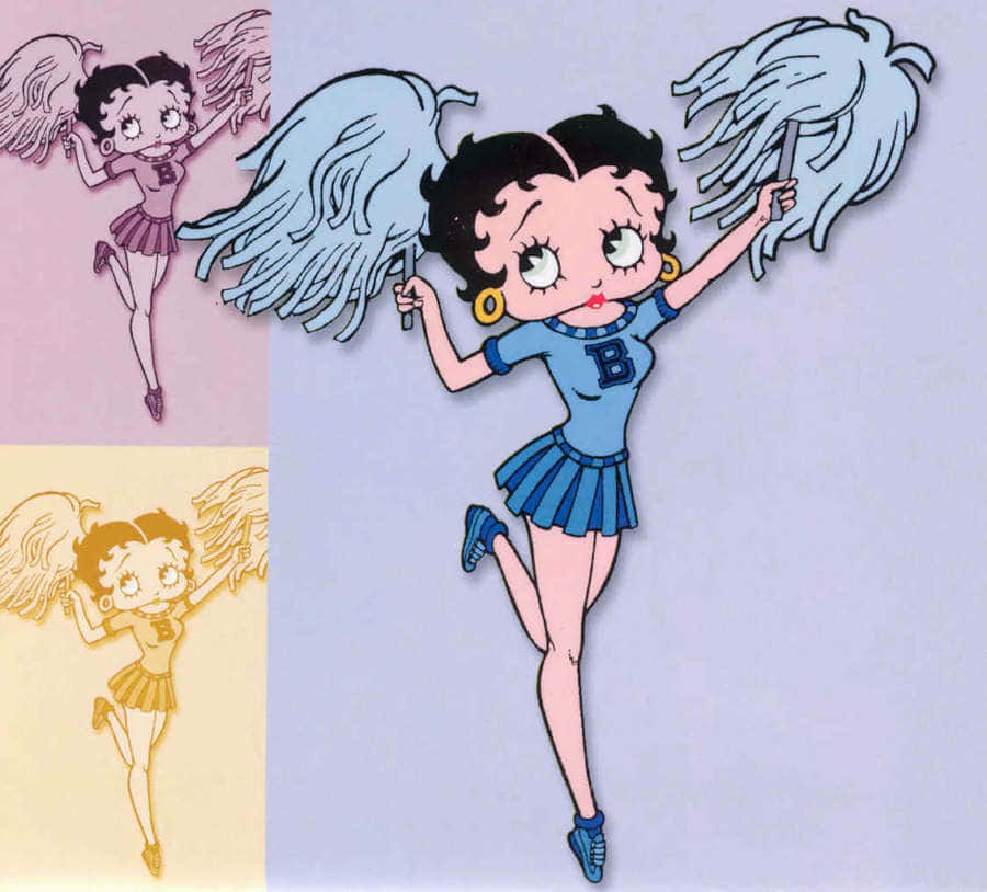 貝蒂娃娃 桌布 壁紙 — 開心的 Betty Boop 穿著藍色啦啦隊服裝，手持彩球，在粉彩背景上以不同顏色變化動態擺姿勢。