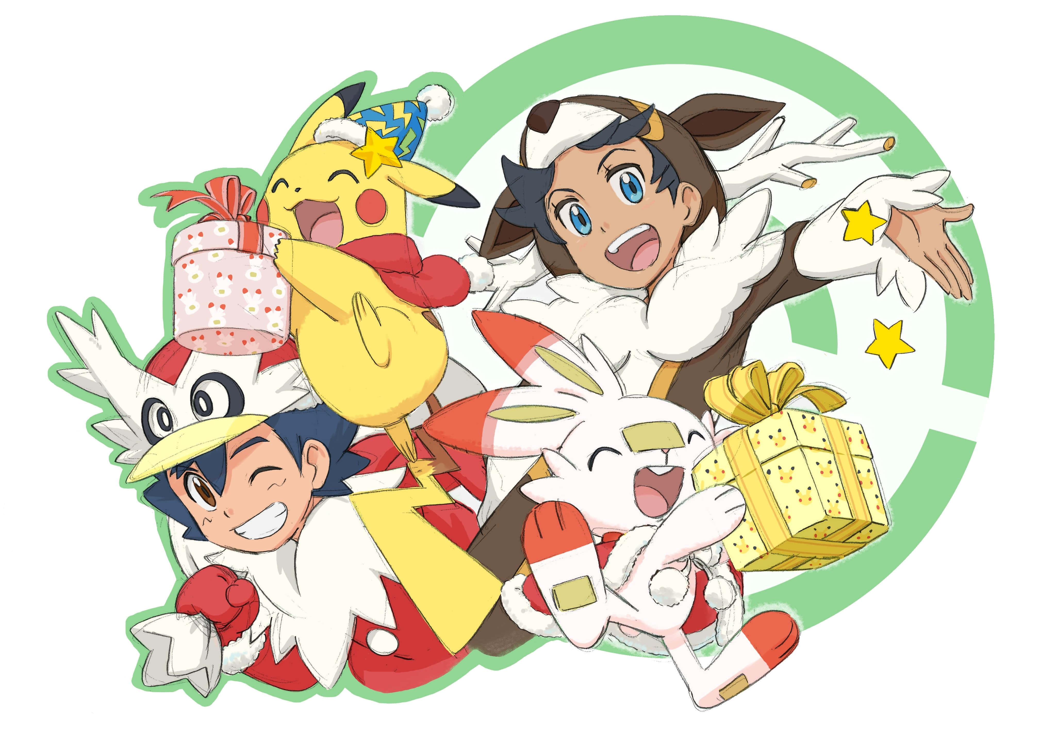 Christmas Party 桌布 壁紙 — 開心的動漫角色穿著節日冬季服裝，在綠色圓形背景前，用包裝好的禮物和閃爍的星星慶祝。