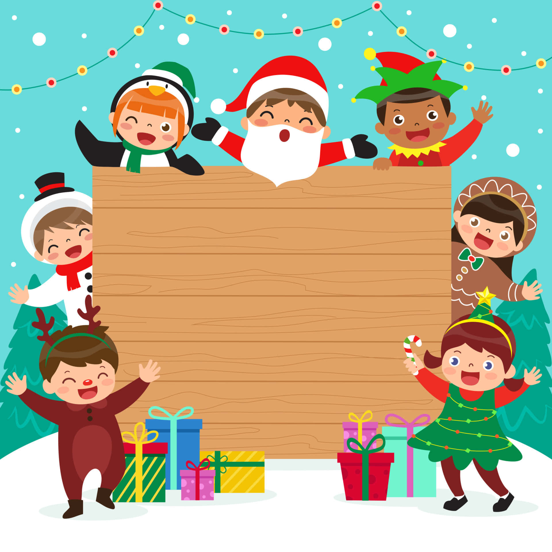 Christmas Party 桌布 壁紙 — 開心的卡通兒童和聖誕老人圍著一塊被禮物和雪花包圍的木板偷看。