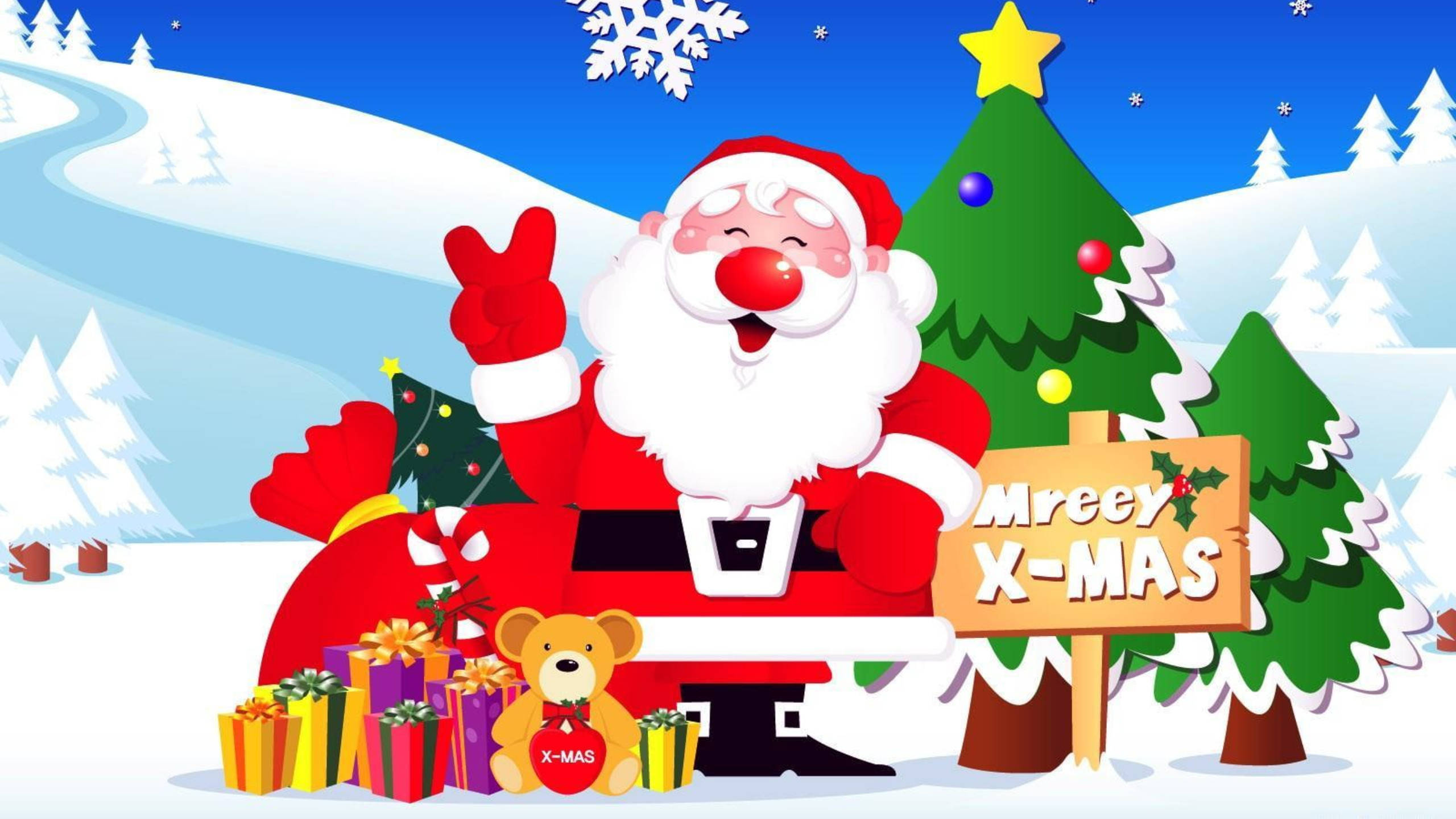 Santa Claus 桌布 壁紙 — 開心的卡通聖誕老人在裝飾好的聖誕樹和色彩繽紛的禮物旁邊，在白雪皚皚的冬日風景中愉快地揮手。