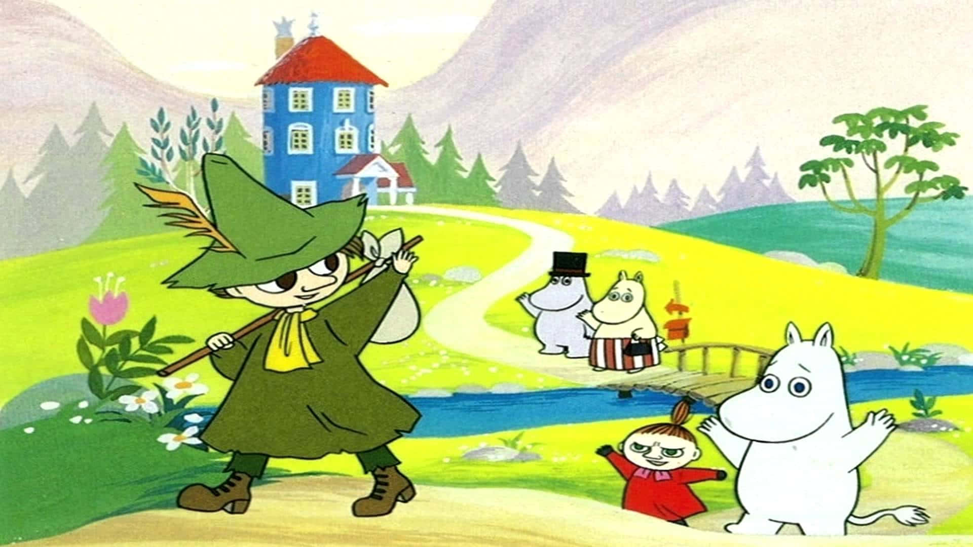 Cartoon 桌布 壁紙 — 開心的姆明家族和朋友在充滿活力的綠色山谷中散步，山谷中有松樹環繞的藍色房子。