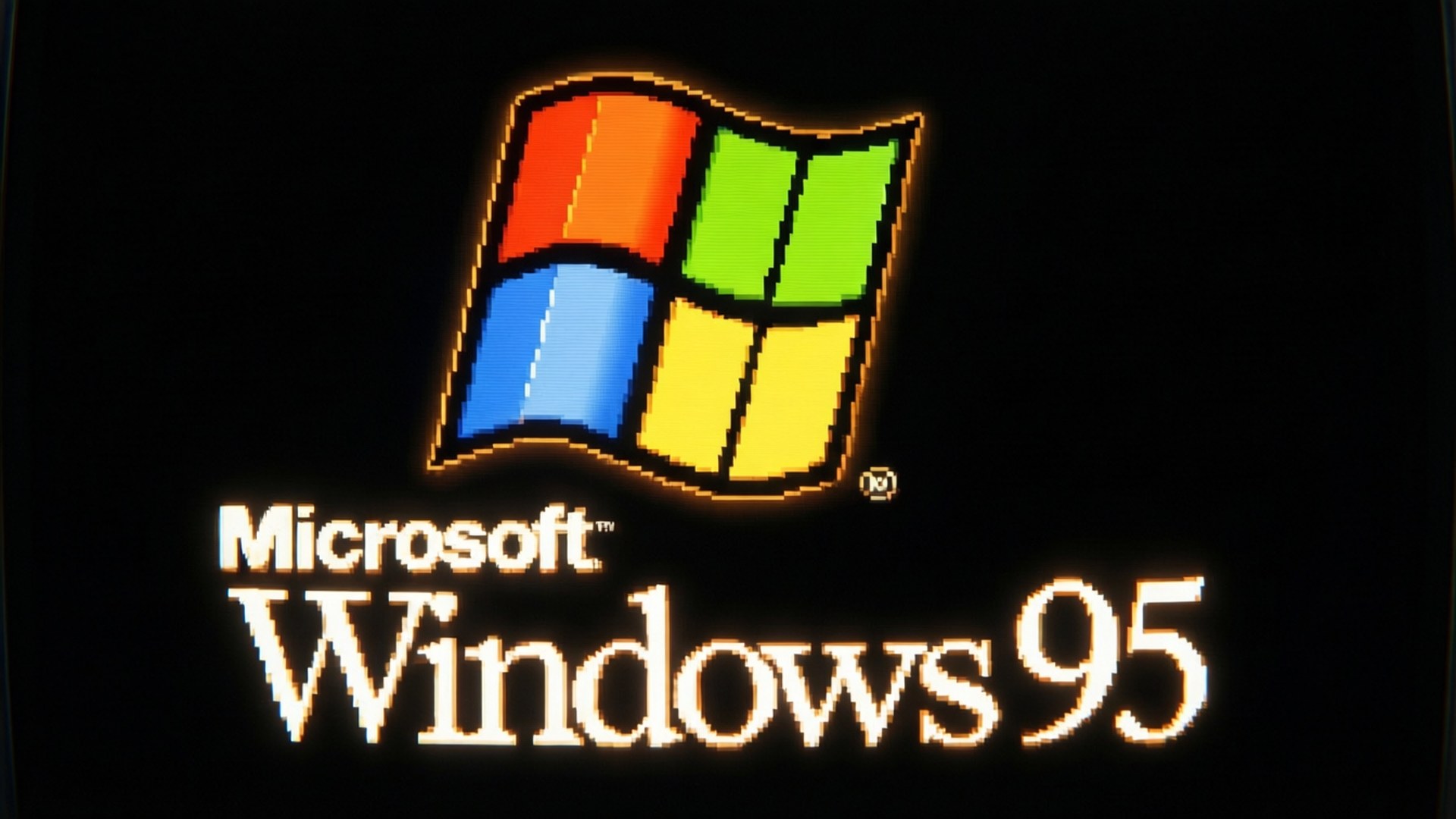開機畫面光暈 壁紙 — 標誌性的 Windows 95 標誌在黑色背景下以像素化色彩發光。