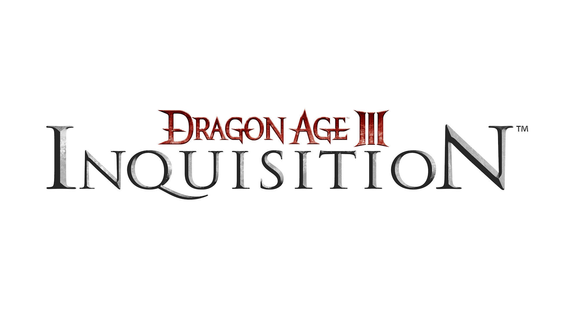 Dragon Age 桌布 壁紙 — 《闇龍紀元3：審判》標誌採用粗體金屬字體，帶有紅色點綴，背景為純白色。