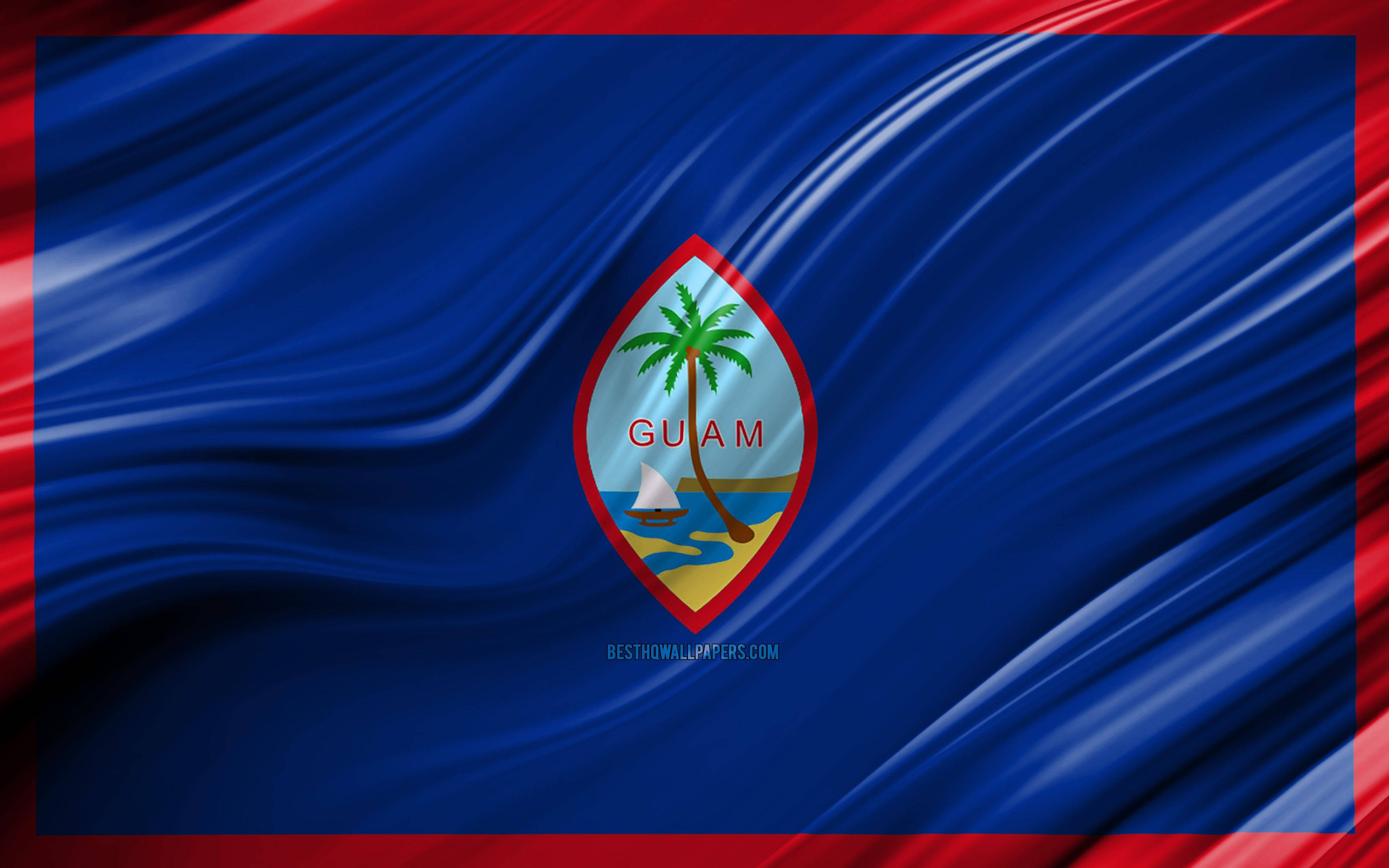 Guam 桌布 壁紙 — 關島國旗動態飄揚，深藍色和紅色邊框，中央徽章有棕櫚樹帆船和關島字樣。