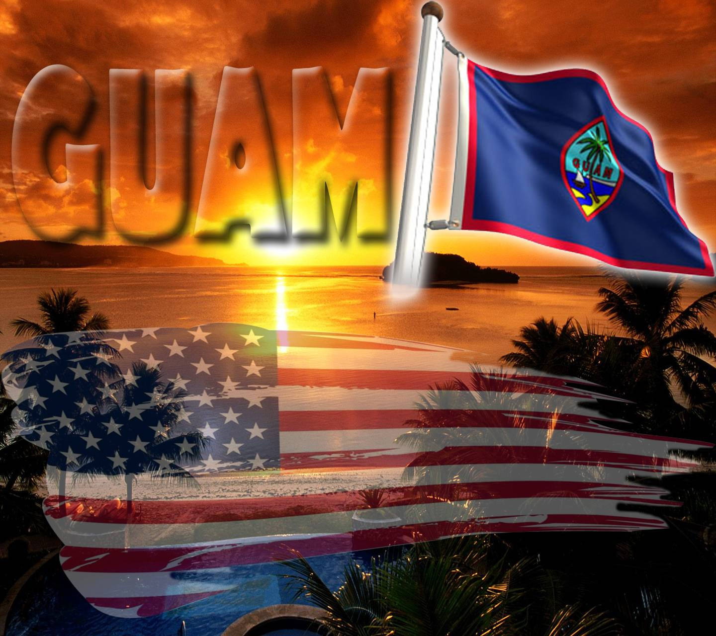 Guam 桌布 壁紙 — 關島日落，旗幟飄揚，棕櫚樹在火紅橙色的天空映襯下形成剪影。