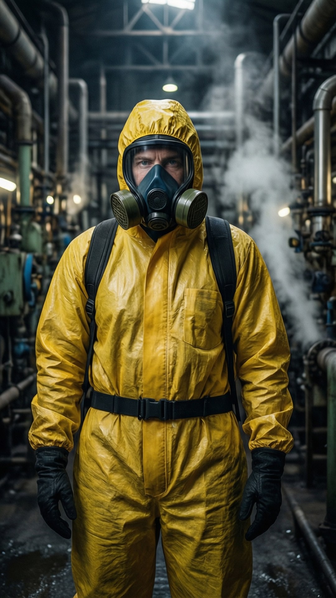 防護衣工人 壁紙 — 一名穿著黃色防護服和防毒面具的人，在煙霧瀰漫、有管道和昏暗燈光的工業設施中莊嚴地站立。